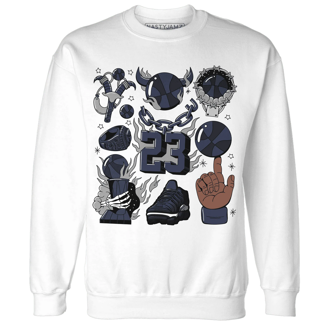VaporMax-Plus-Midnight-Navy-White-Metallic-Silver-Sweatshirt-Match-Neclaces-Number-23