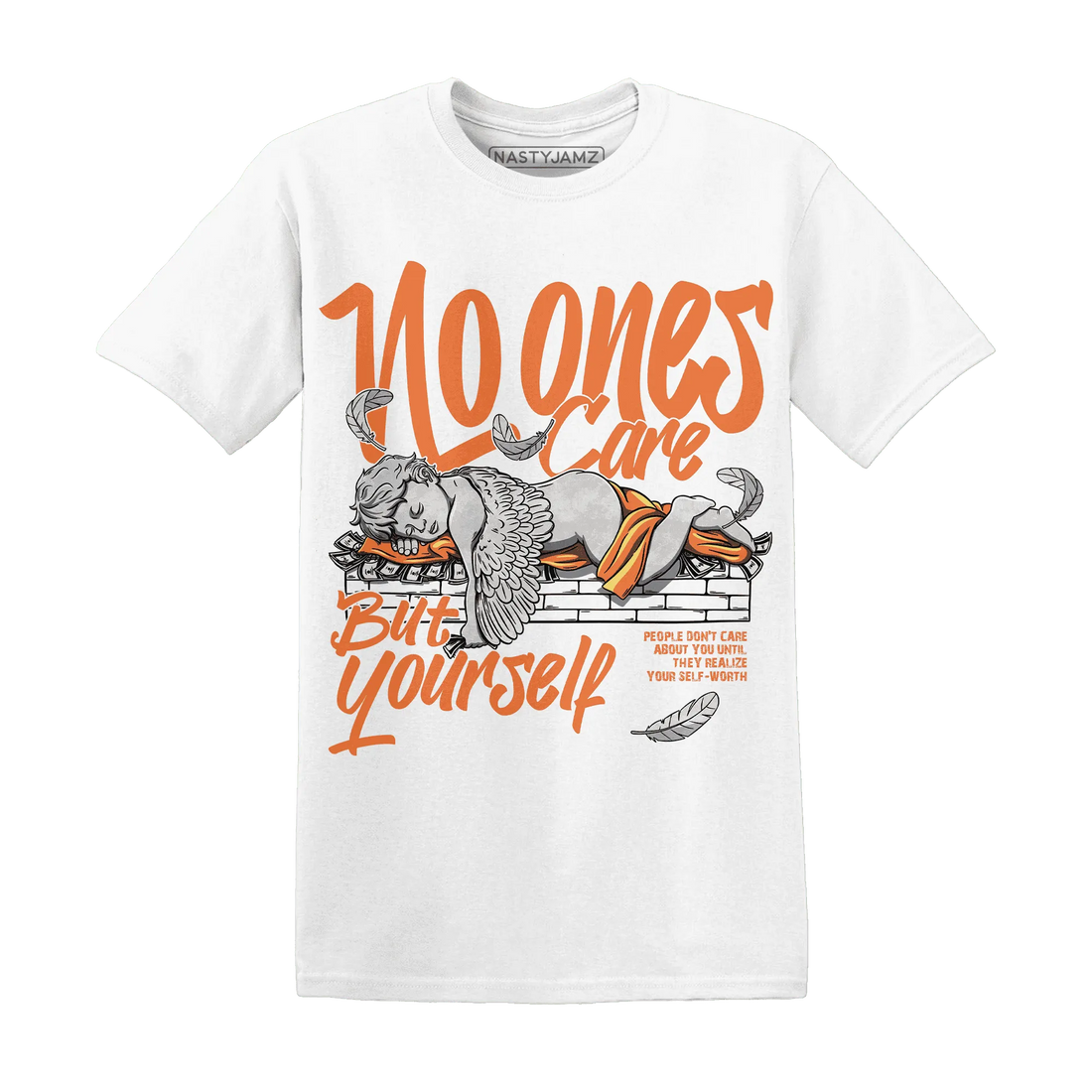 AM-TW-White-Orange-NastyJamz-T-Shirt-Match-No-Ones-Care