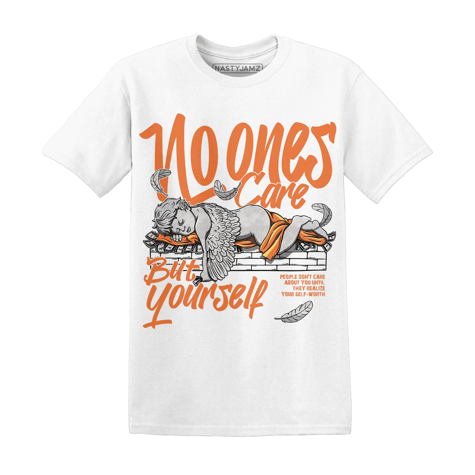 AM-TW-White-Orange-NastyJamz-T-Shirt-Match-No-Ones-Care