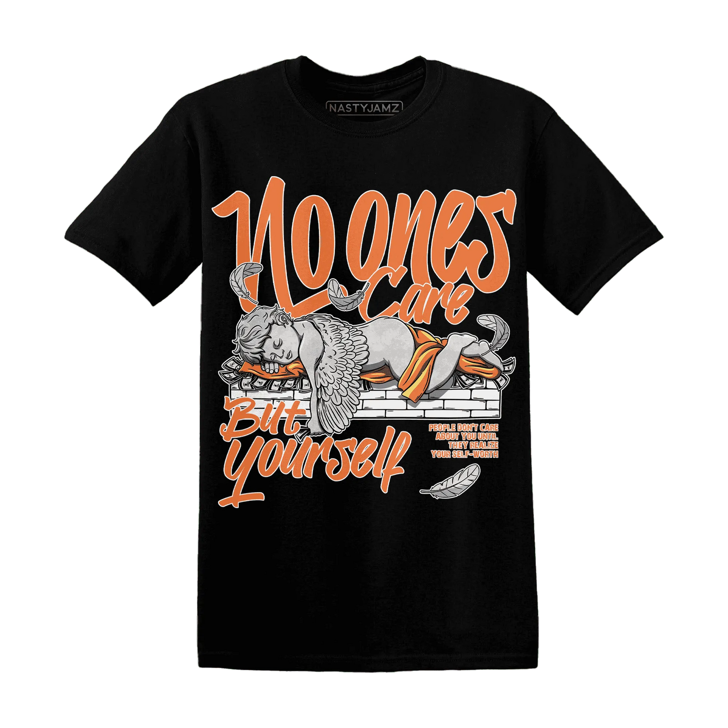 AM-TW-White-Orange-NastyJamz-T-Shirt-Match-No-Ones-Care