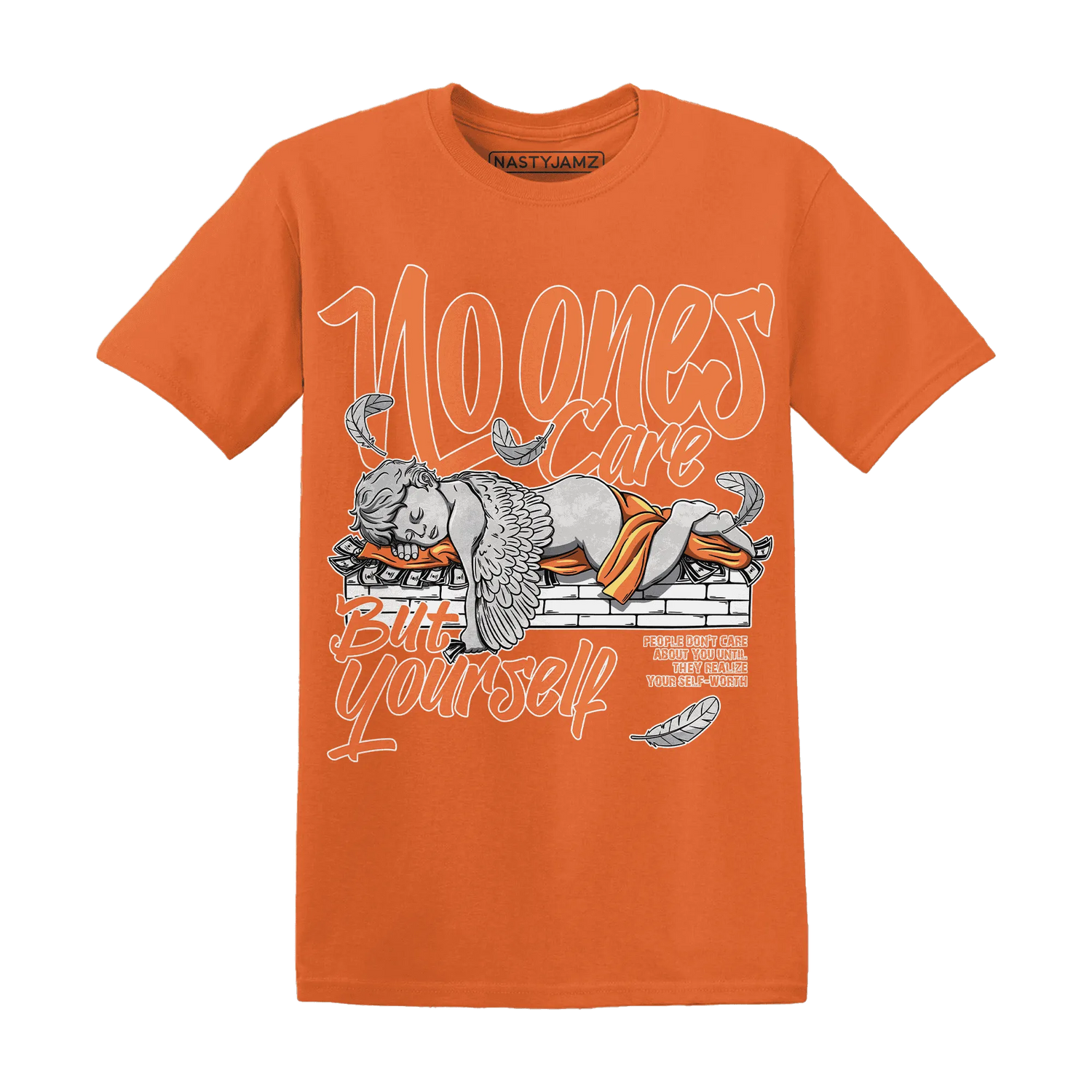 AM-TW-White-Orange-NastyJamz-T-Shirt-Match-No-Ones-Care