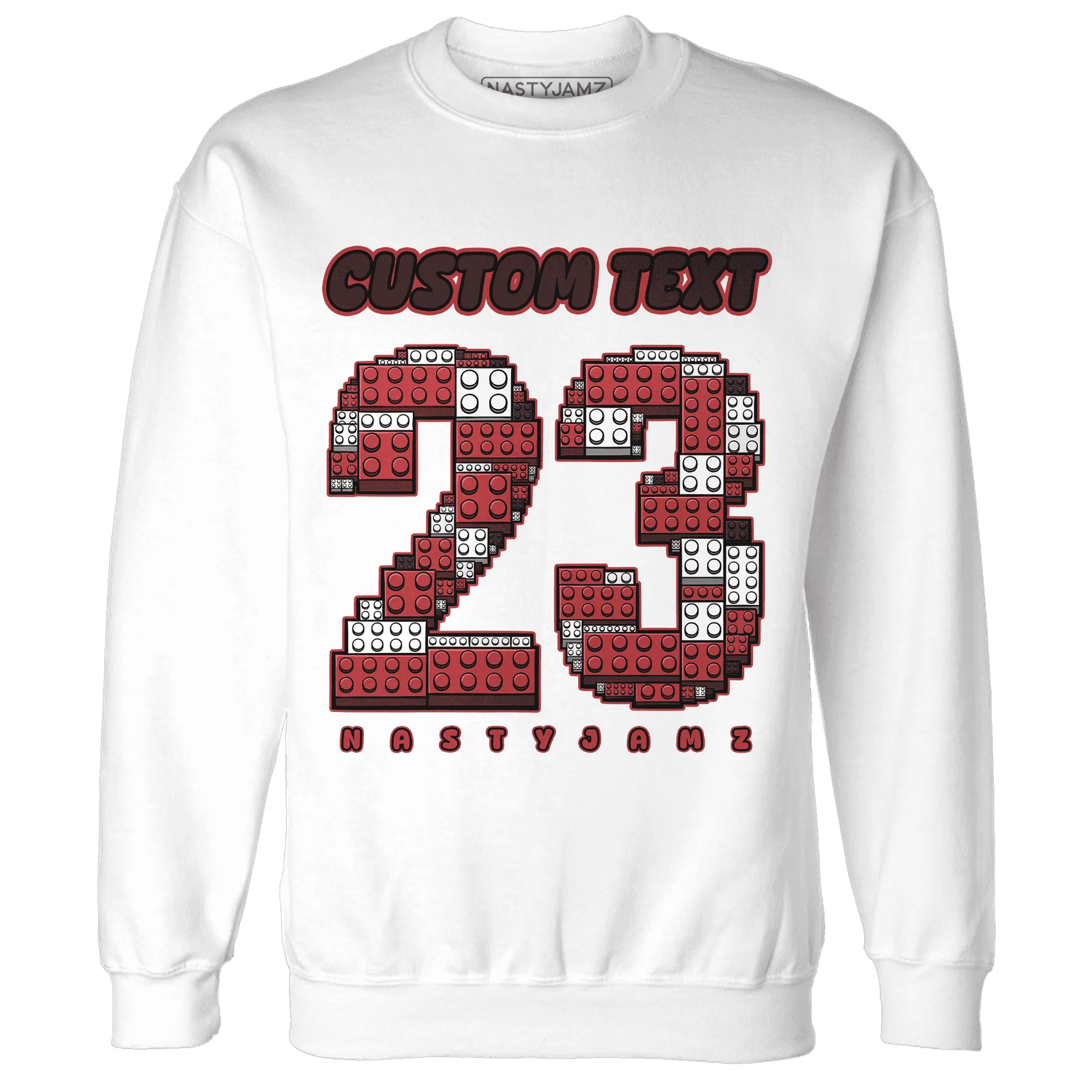 Black-Toe-Reimagined-Red-White-1s-NastyJamz-Sweatshirt-Match-Number-23-Lego