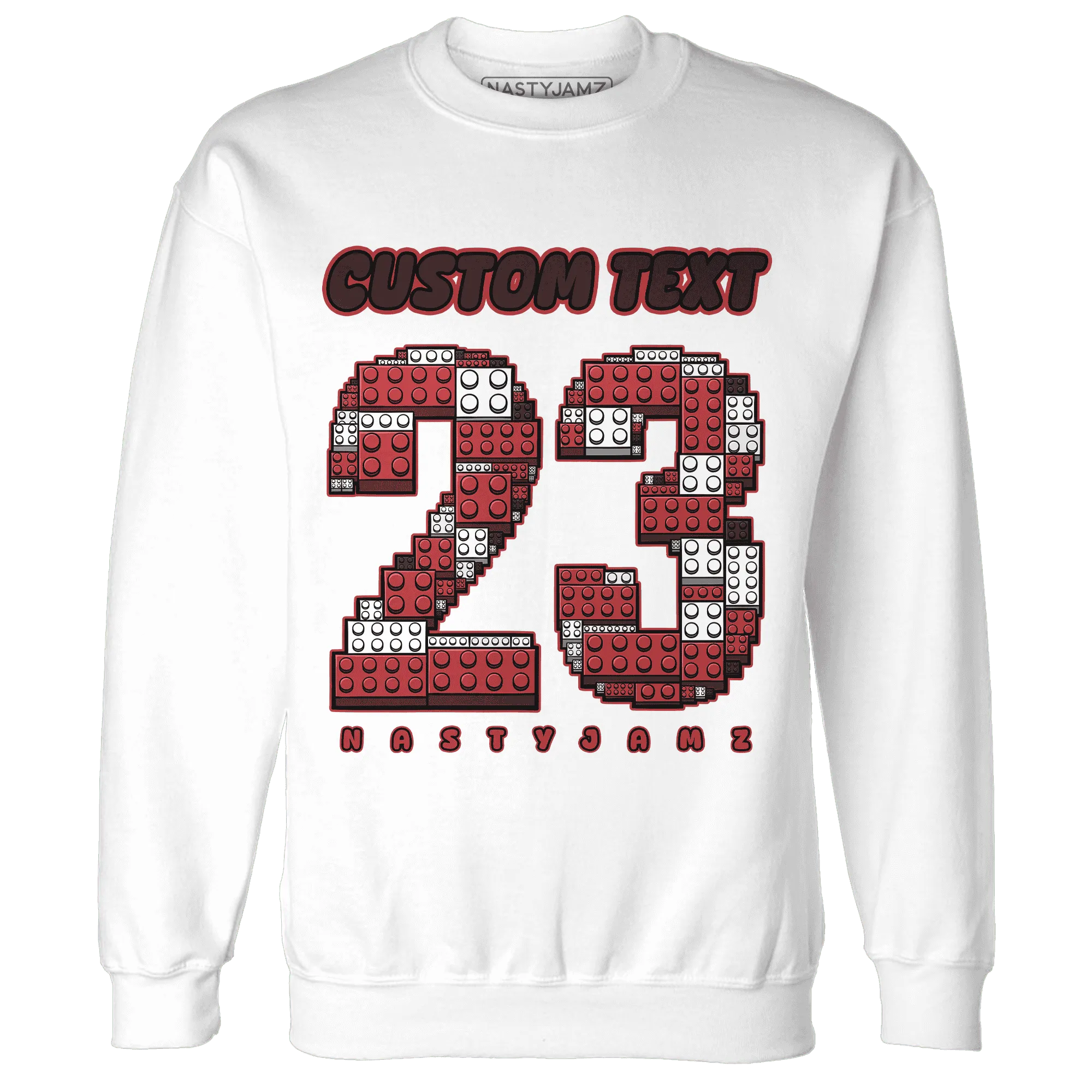 Black-Toe-Reimagined-Red-White-1s-NastyJamz-Sweatshirt-Match-Number-23-Lego