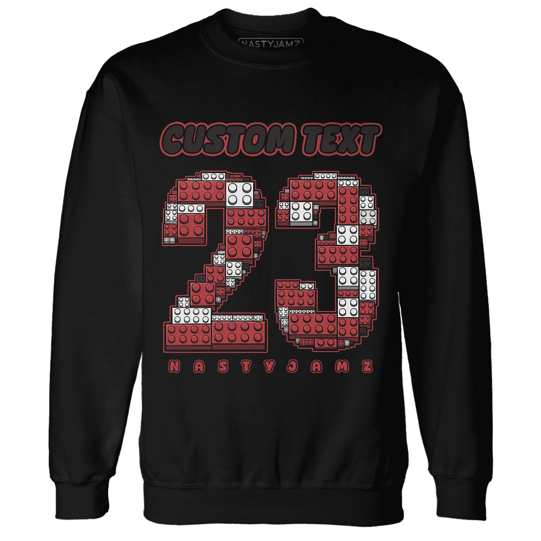 Black-Toe-Reimagined-Red-White-1s-NastyJamz-Sweatshirt-Match-Number-23-Lego