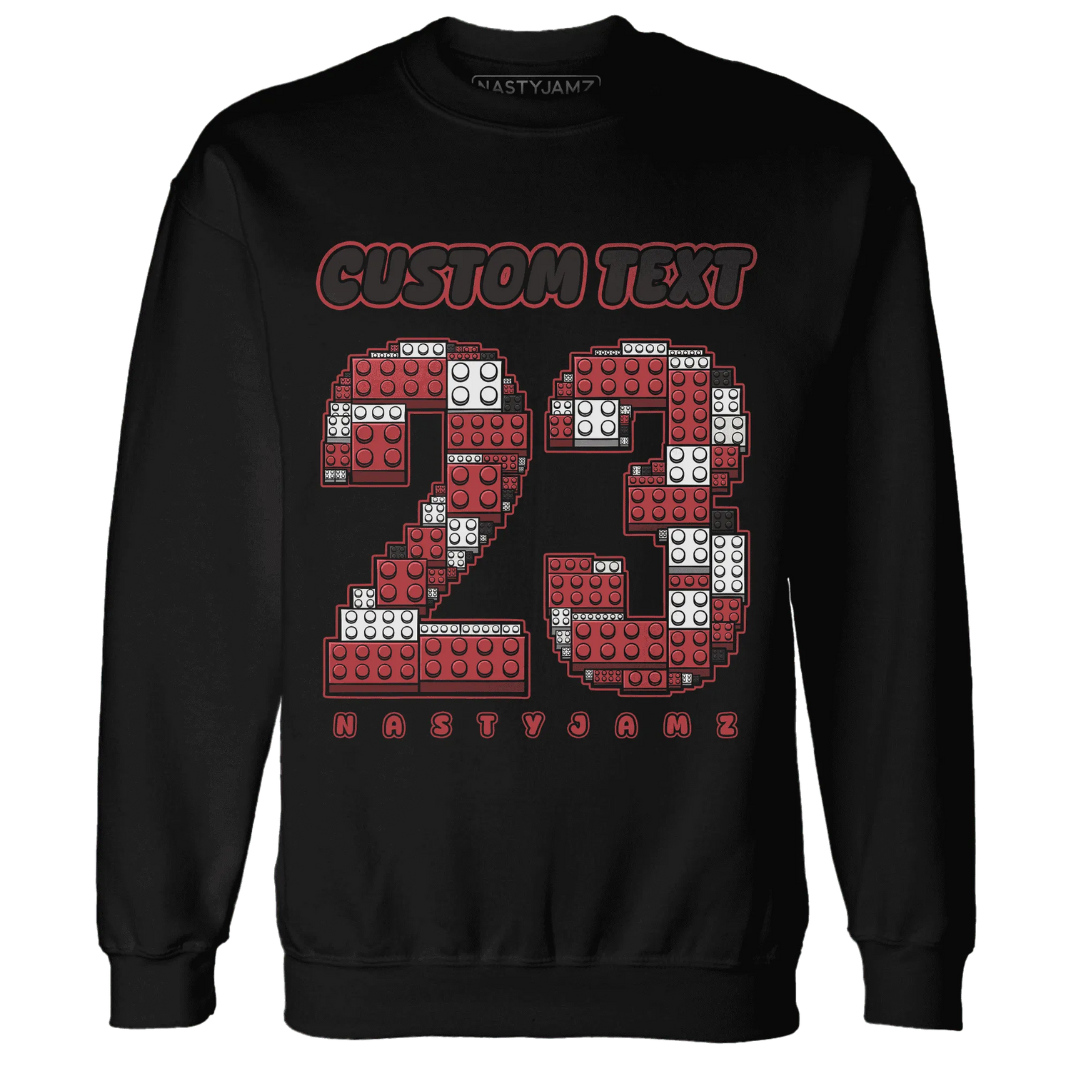 Black-Toe-Reimagined-Red-White-1s-NastyJamz-Sweatshirt-Match-Number-23-Lego