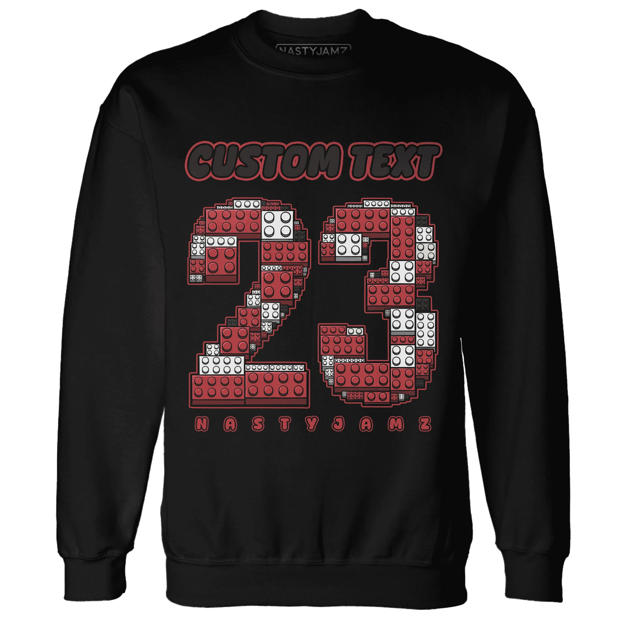 Black-Toe-Reimagined-Red-White-1s-NastyJamz-Sweatshirt-Match-Number-23-Lego