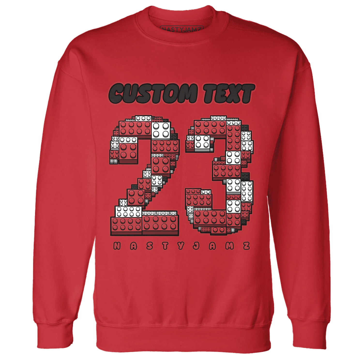Black-Toe-Reimagined-Red-White-1s-NastyJamz-Sweatshirt-Match-Number-23-Lego