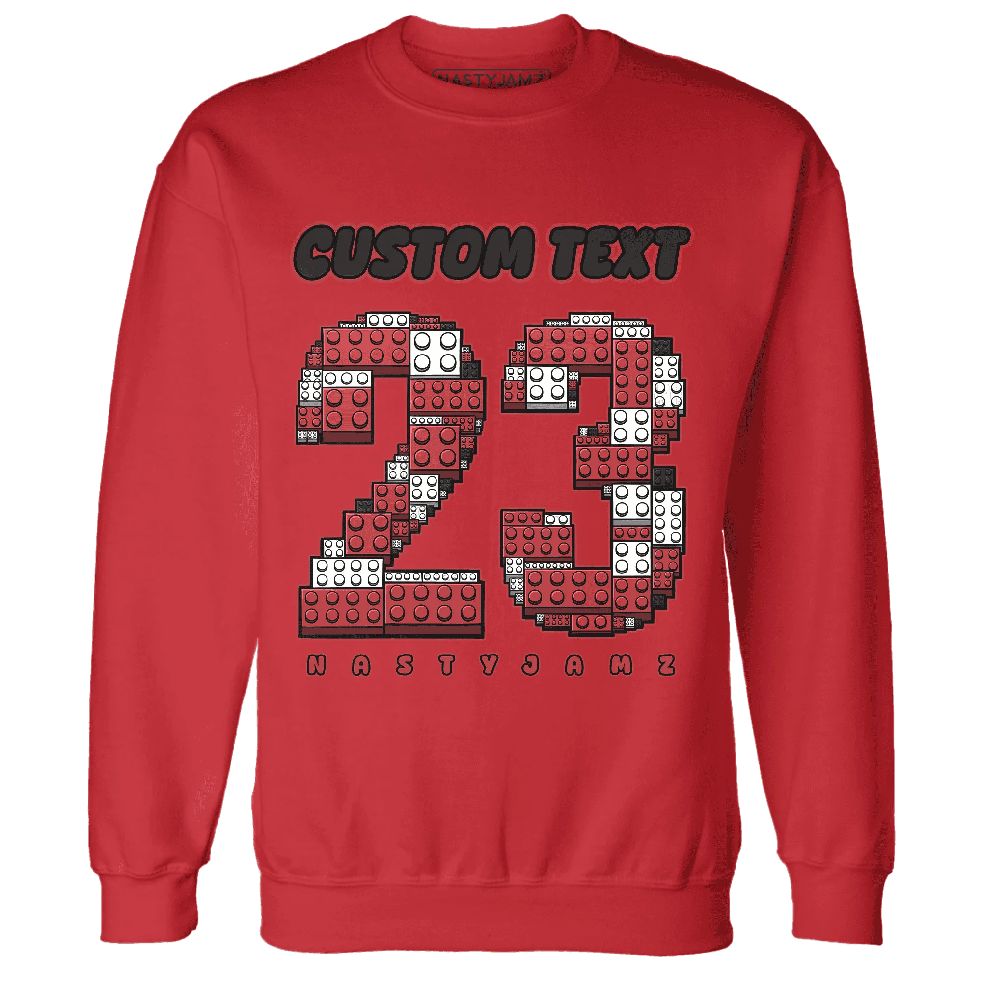 Black-Toe-Reimagined-Red-White-1s-NastyJamz-Sweatshirt-Match-Number-23-Lego