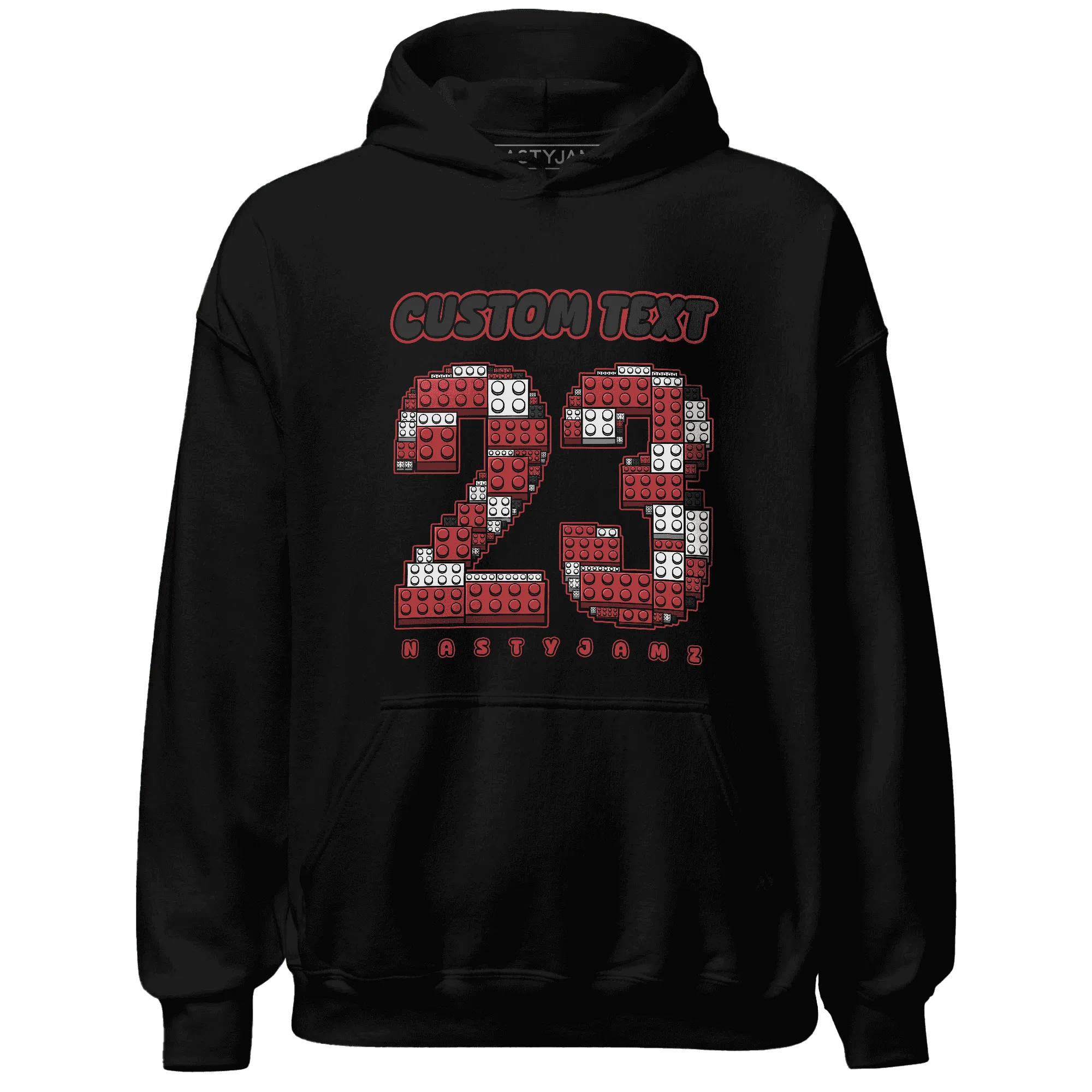 Black-Toe-Reimagined-Red-White-1s-NastyJamz-Hoodie-Match-Number-23-Lego