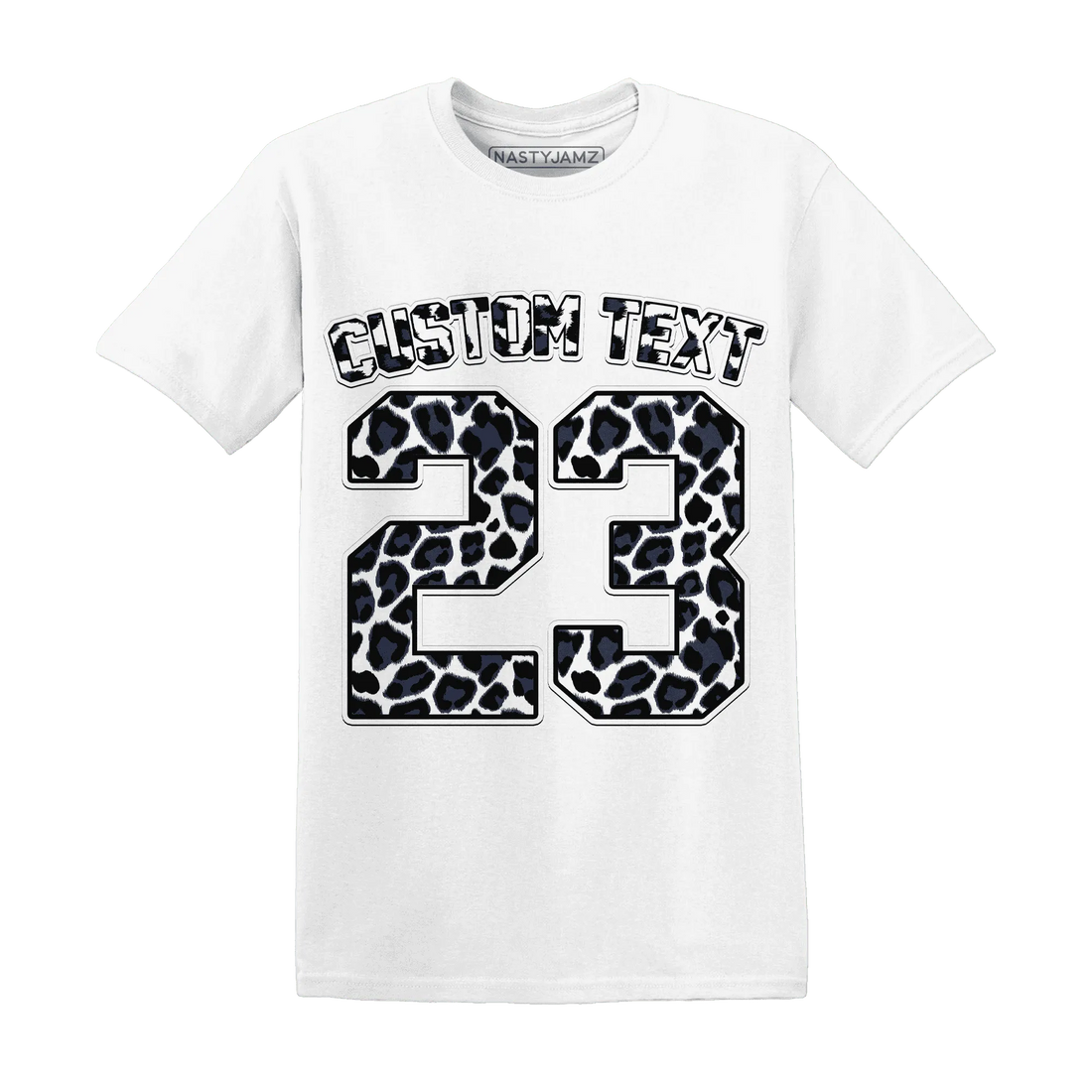 White-Navy-6s-T-Shirt-Match-Number-23-Leopard-Custom-Text