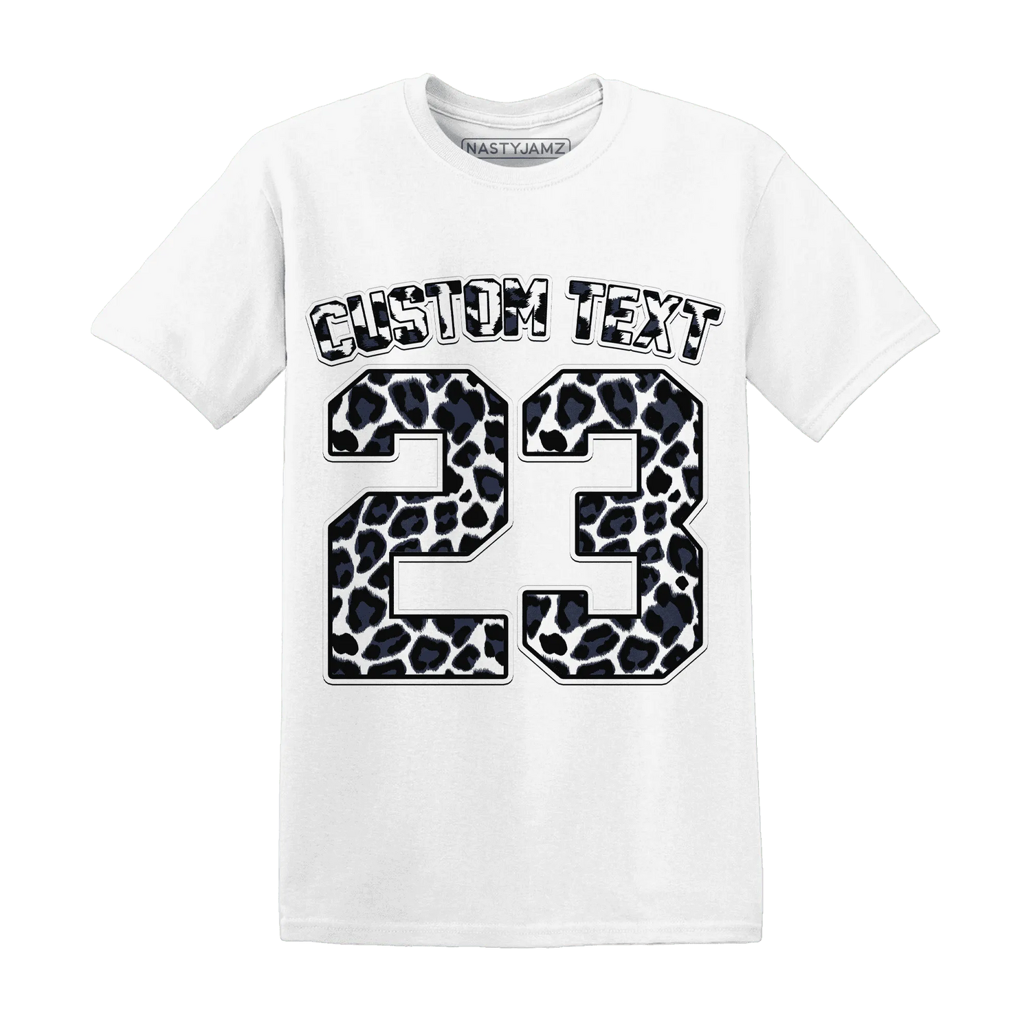 White-Navy-6s-T-Shirt-Match-Number-23-Leopard-Custom-Text