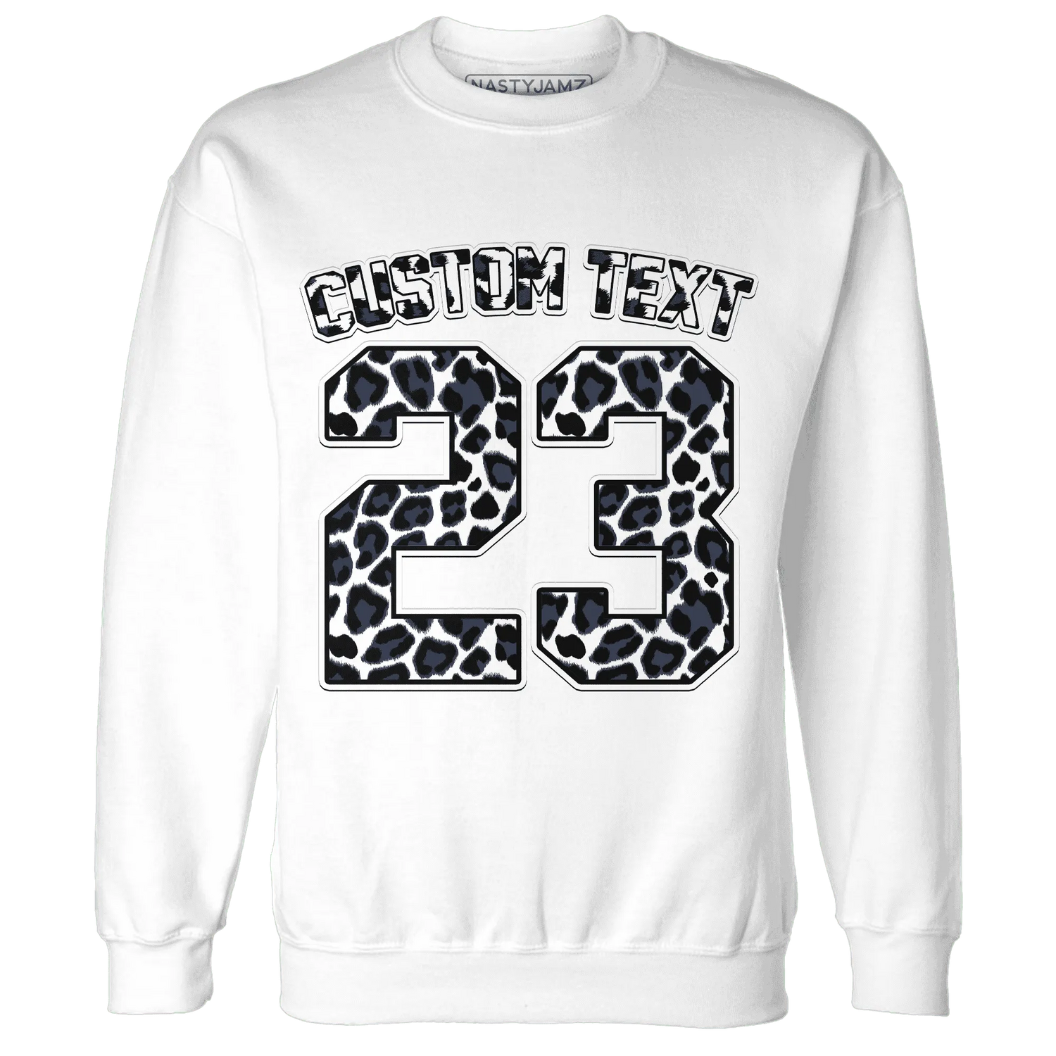 White-Navy-6s-Sweatshirt-Match-Number-23-Leopard-Custom-Text