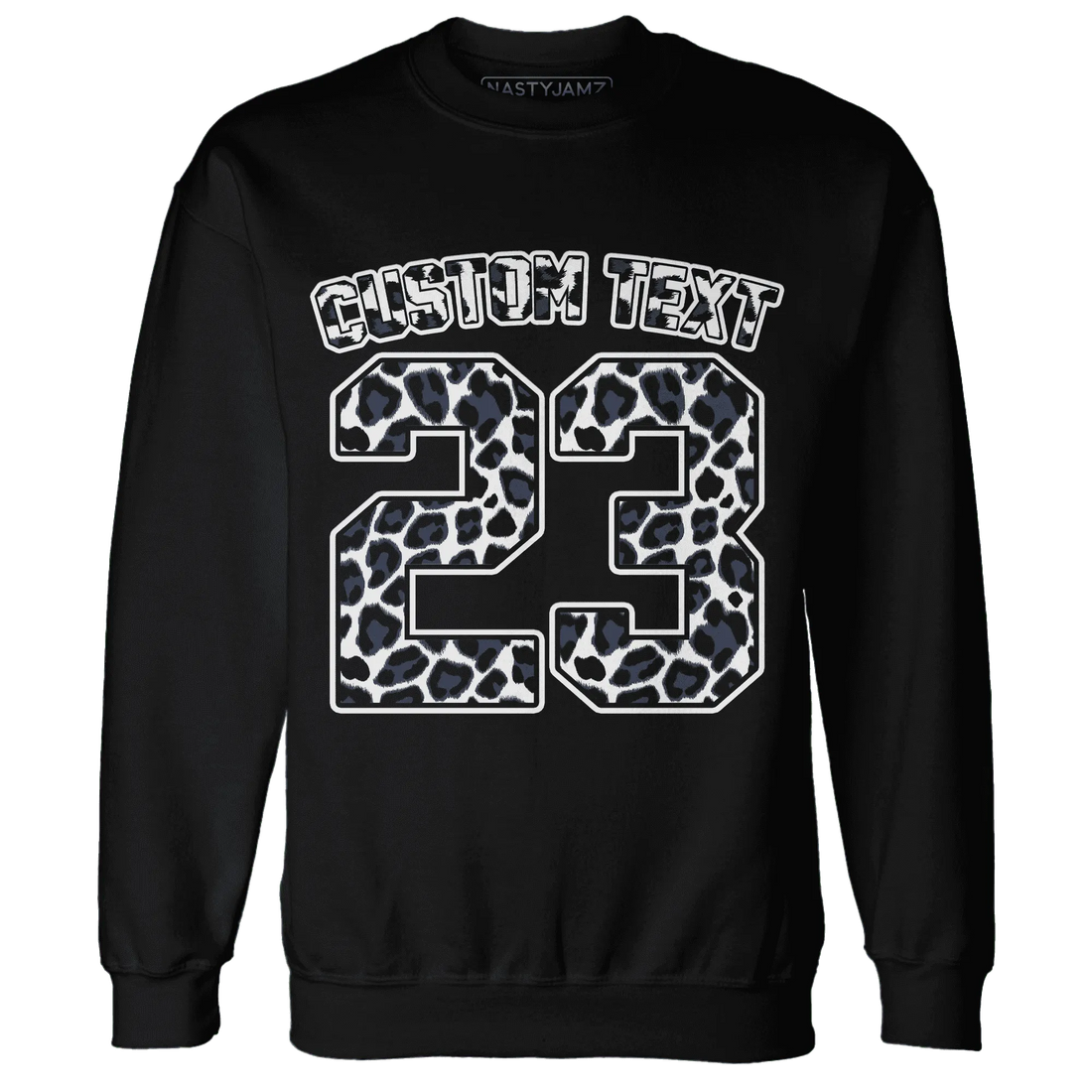 White-Navy-6s-Sweatshirt-Match-Number-23-Leopard-Custom-Text