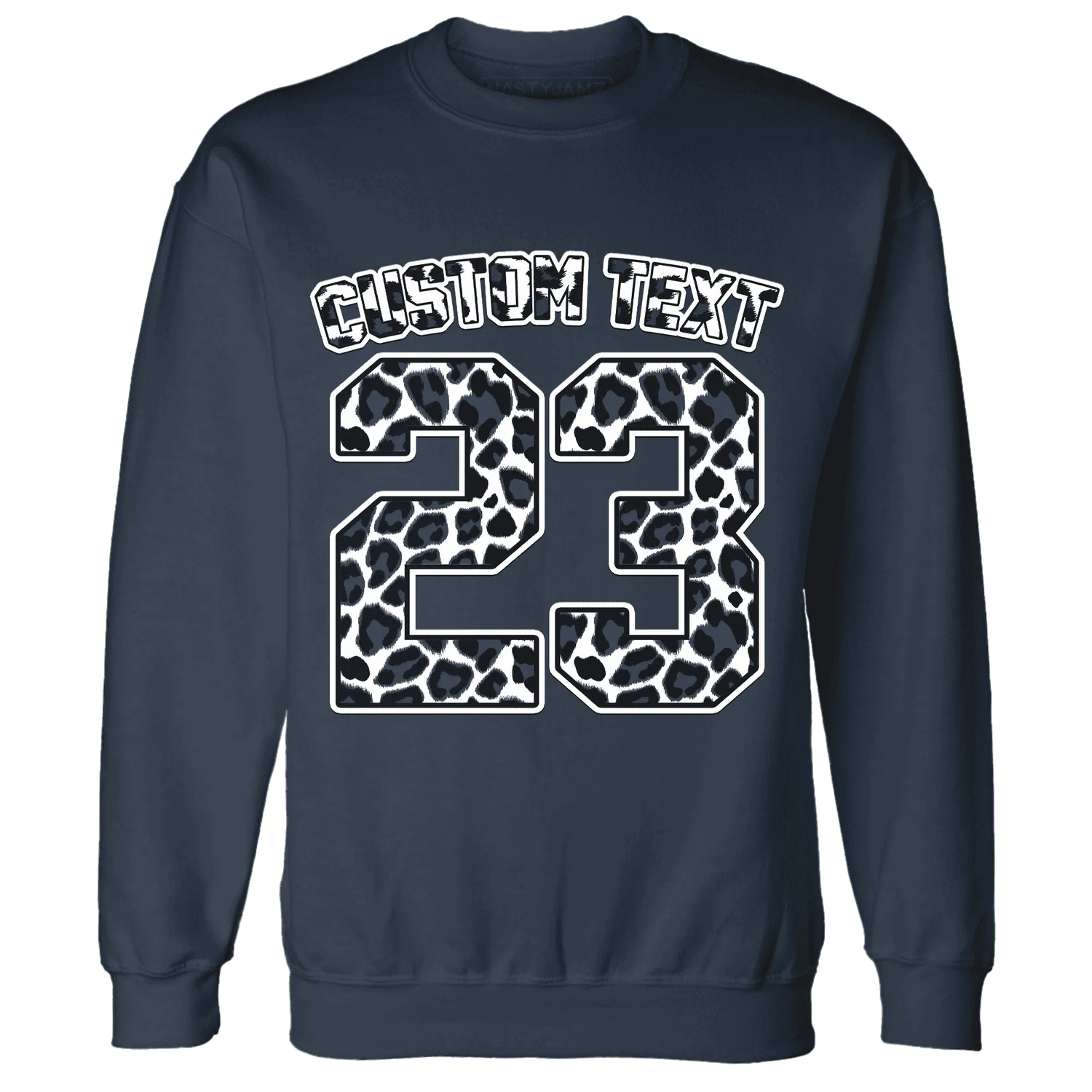 White-Navy-6s-Sweatshirt-Match-Number-23-Leopard-Custom-Text
