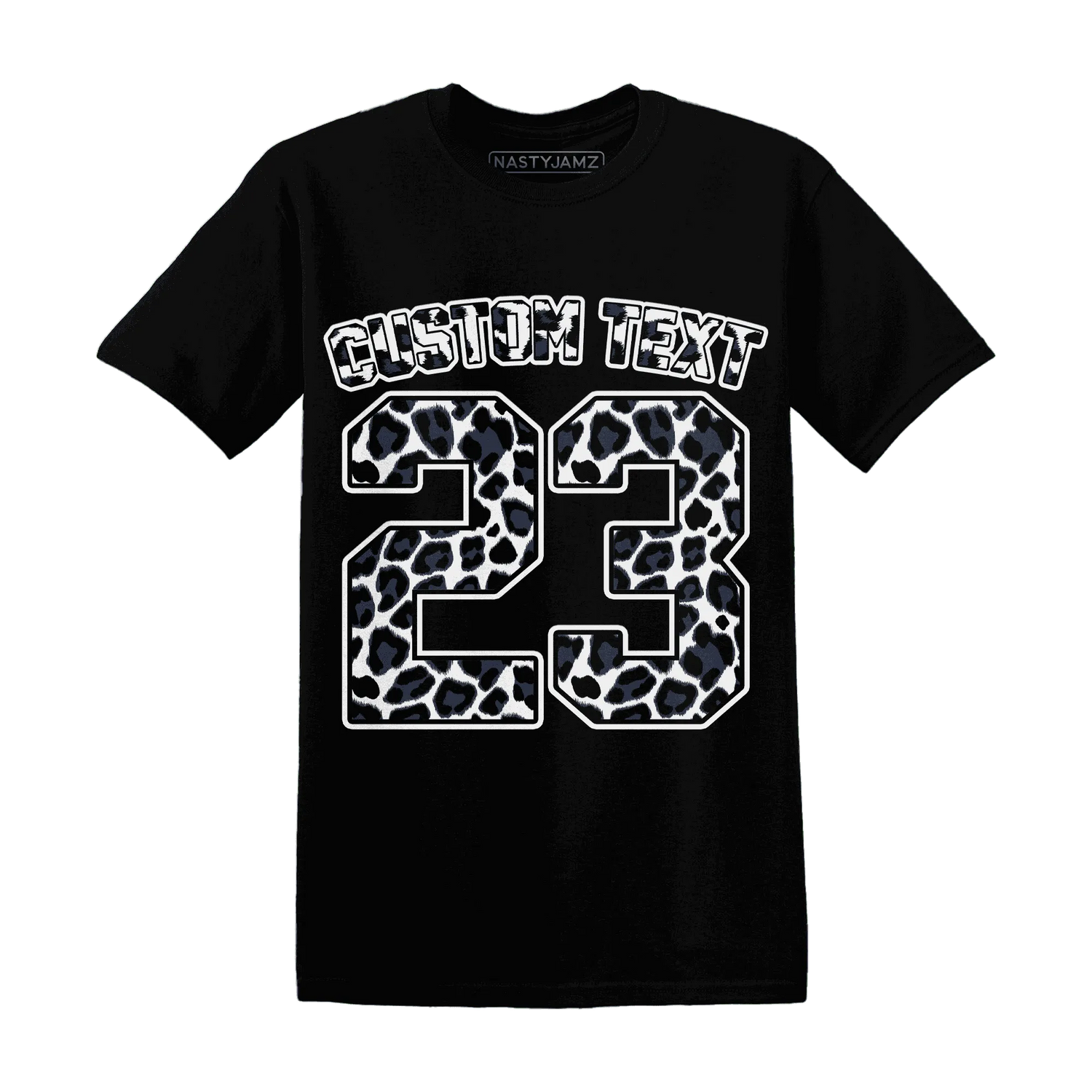 White-Navy-6s-T-Shirt-Match-Number-23-Leopard-Custom-Text