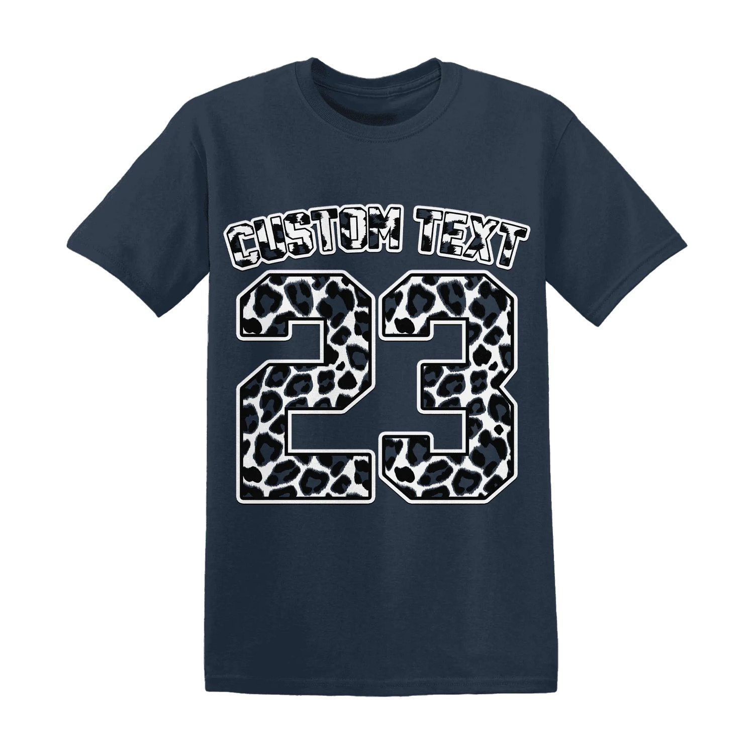White-Navy-6s-T-Shirt-Match-Number-23-Leopard-Custom-Text
