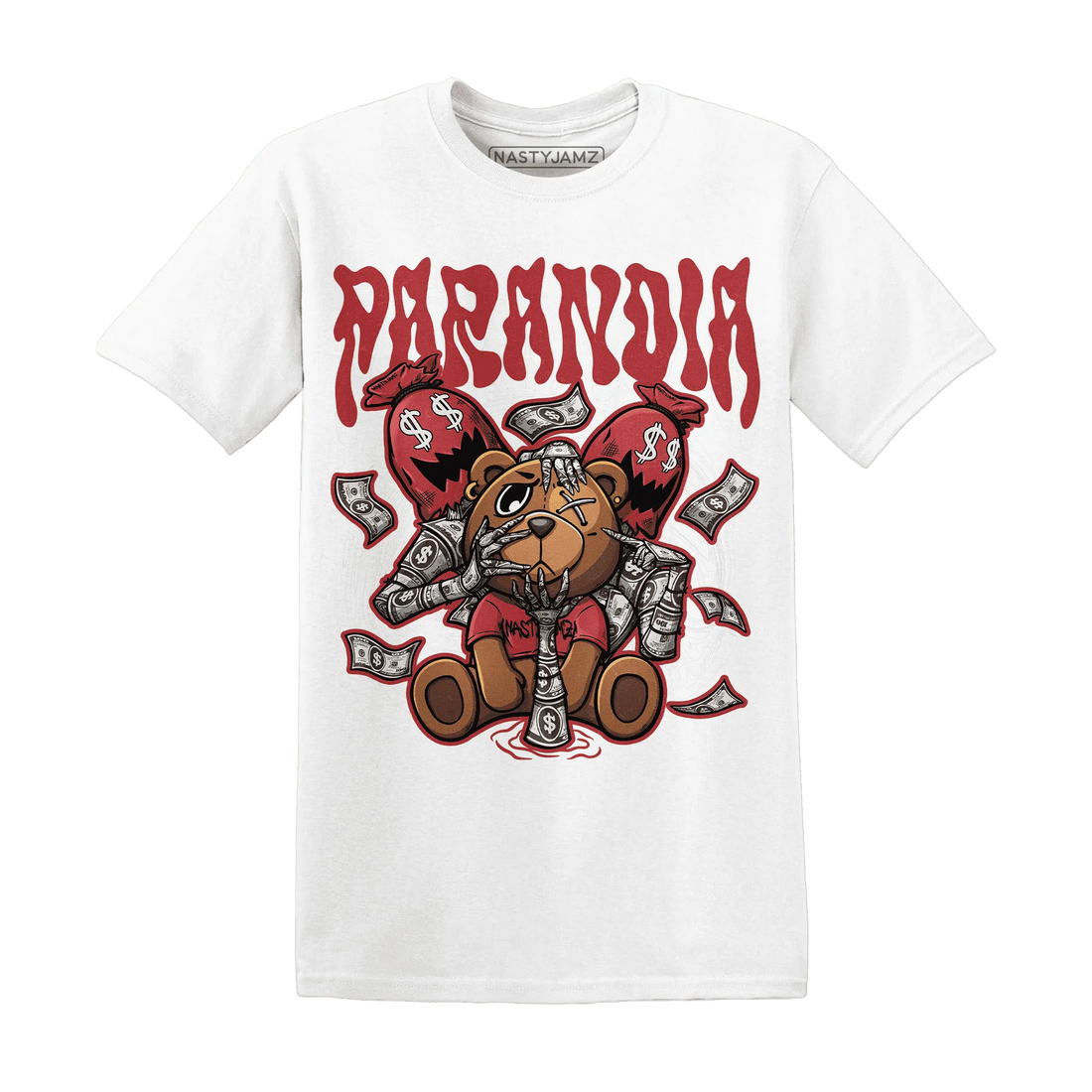 Black-Toe-Reimagined-Red-White-1s-NastyJamz-T-Shirt-Match-Paranoia-Money-BER