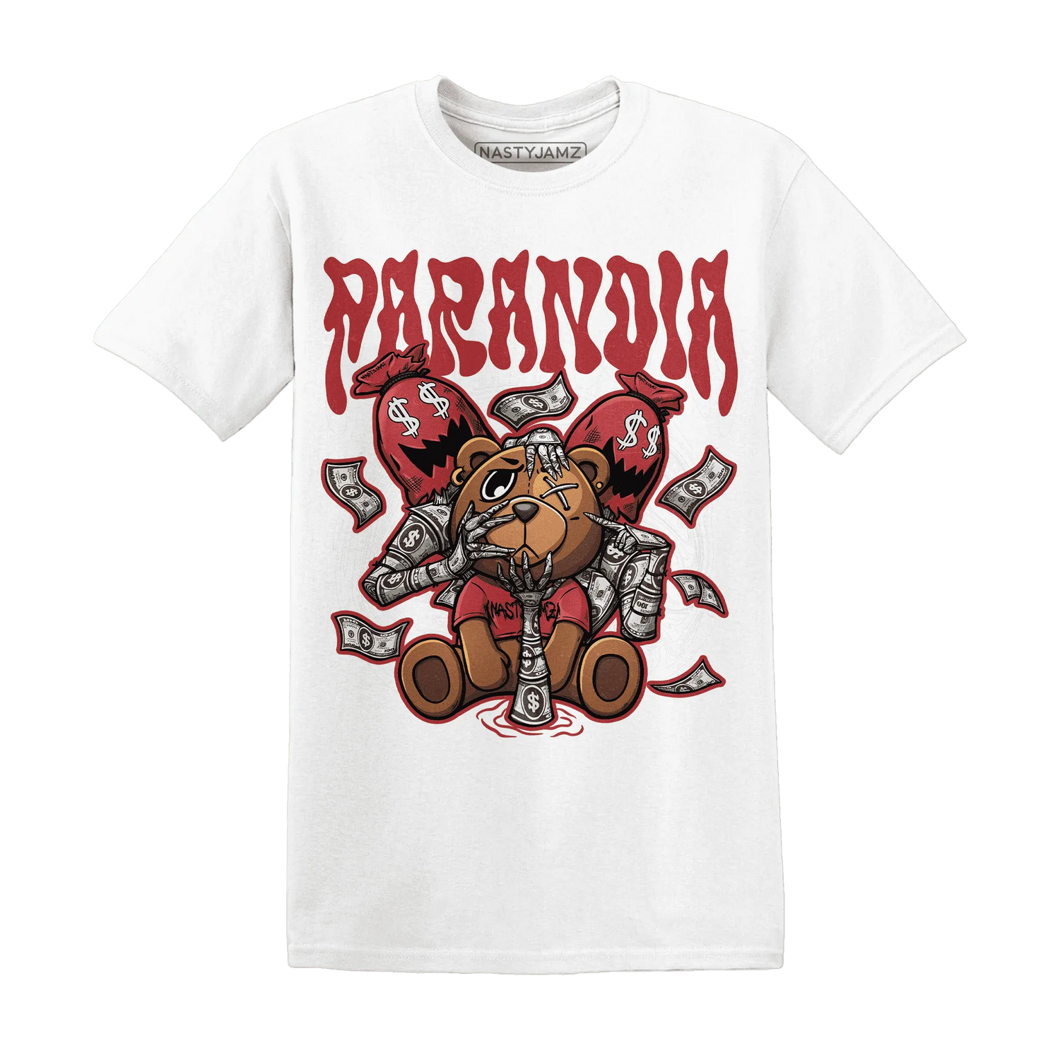 Black-Toe-Reimagined-Red-White-1s-NastyJamz-T-Shirt-Match-Paranoia-Money-BER