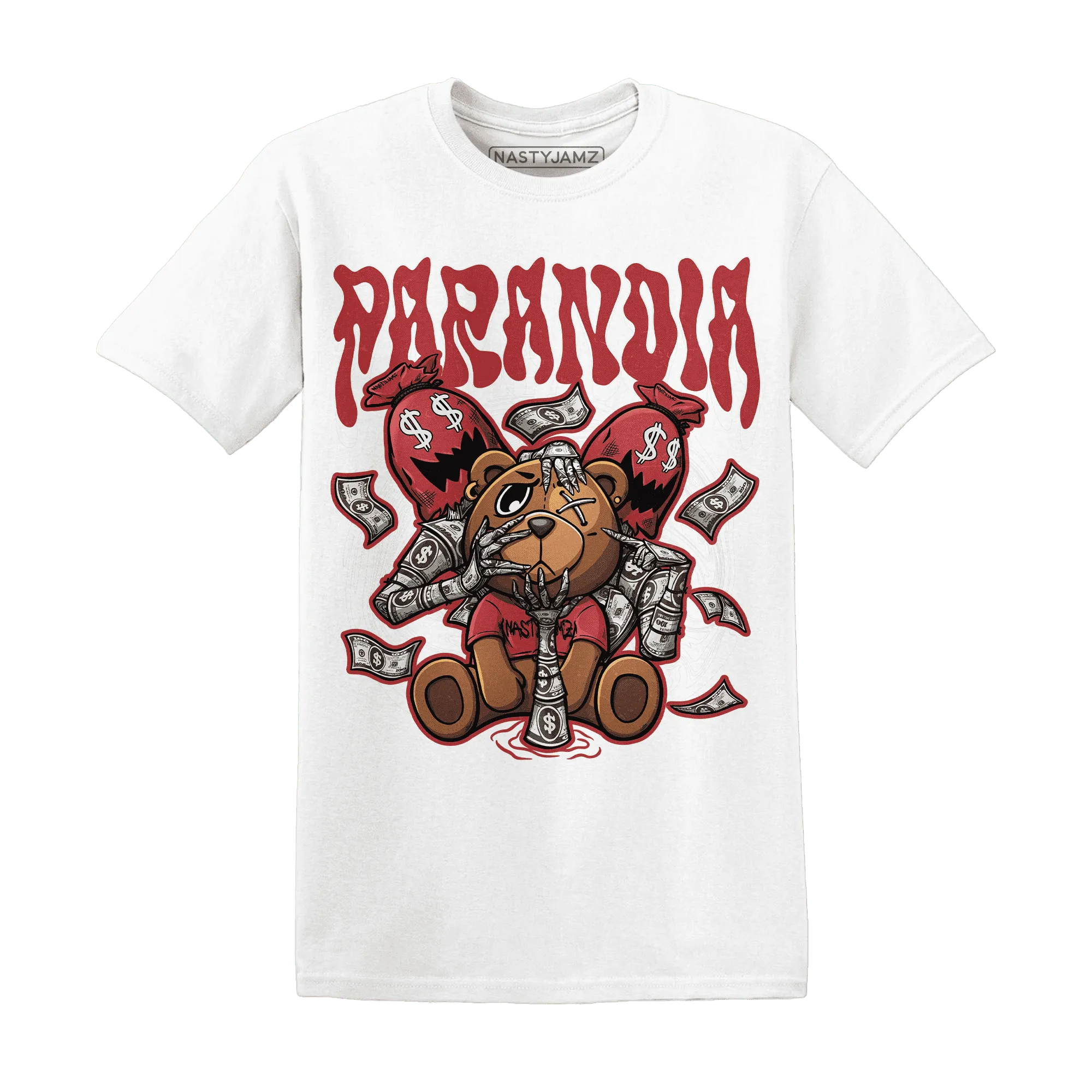 Black-Toe-Reimagined-Red-White-1s-NastyJamz-T-Shirt-Match-Paranoia-Money-BER