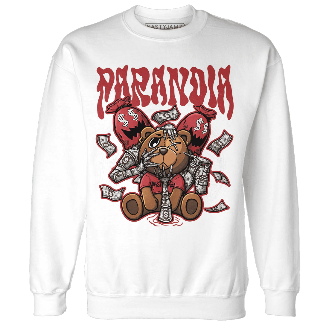 Black-Toe-Reimagined-Red-White-1s-NastyJamz-Sweatshirt-Match-Paranoia-Money-BER