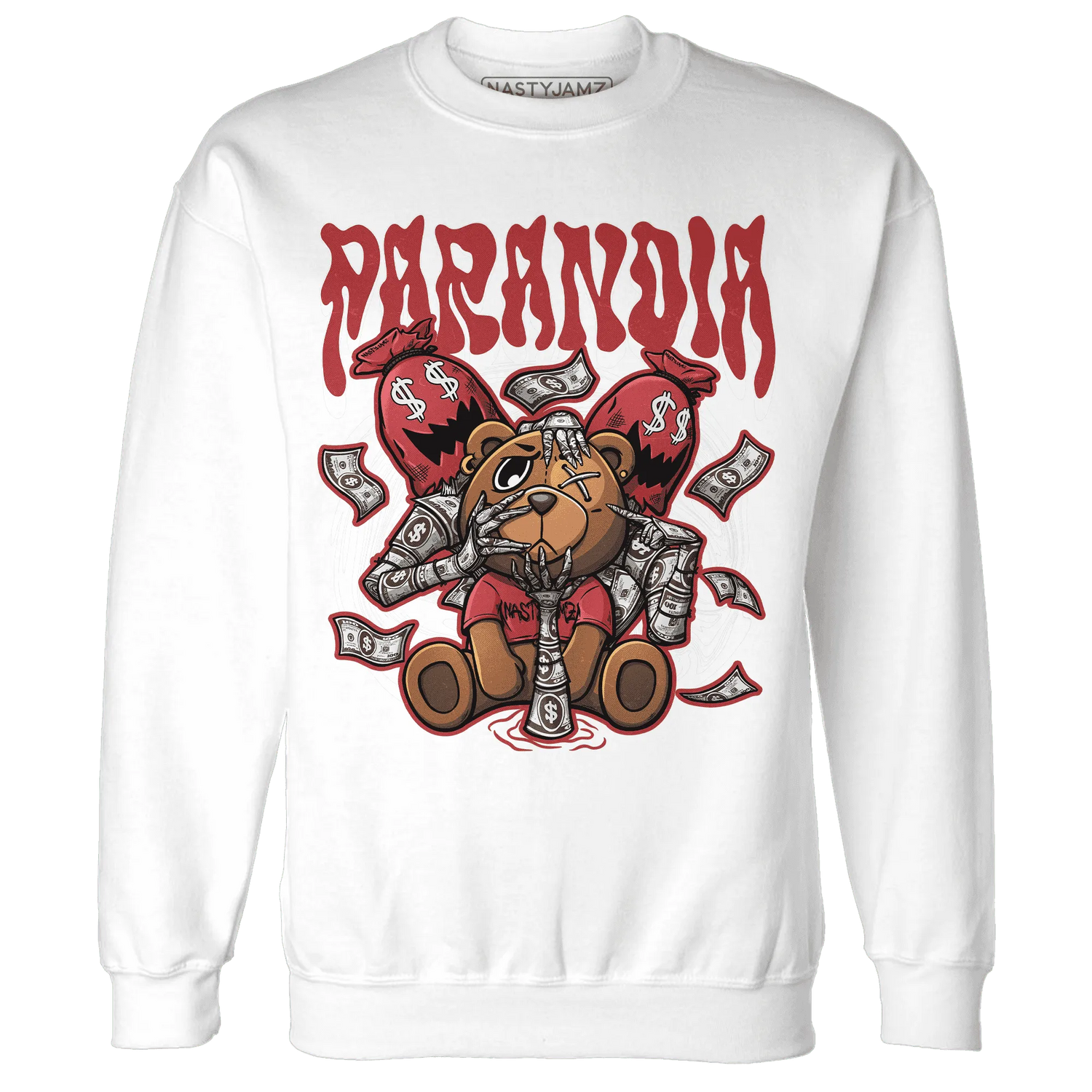 Black-Toe-Reimagined-Red-White-1s-NastyJamz-Sweatshirt-Match-Paranoia-Money-BER