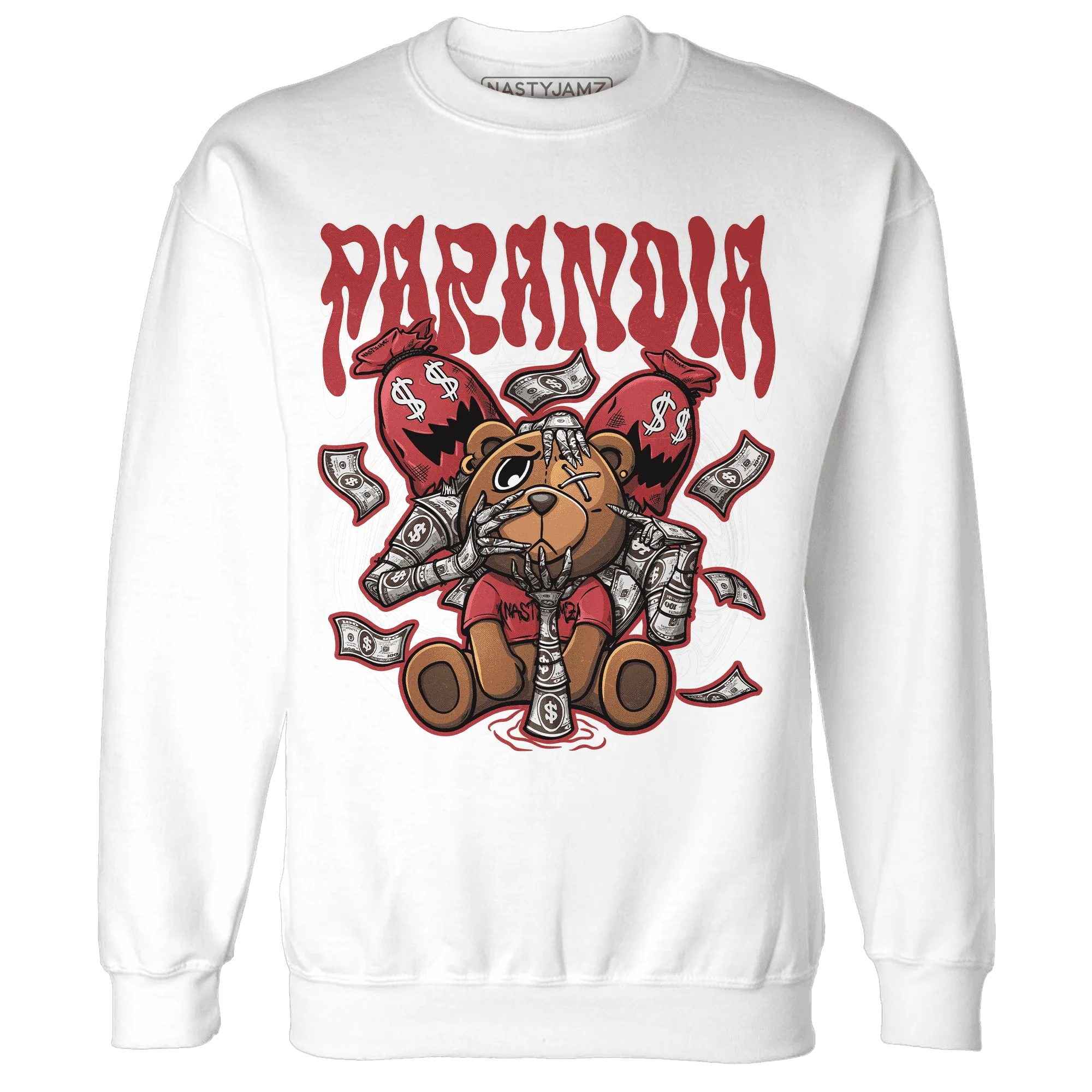 Black-Toe-Reimagined-Red-White-1s-NastyJamz-Sweatshirt-Match-Paranoia-Money-BER