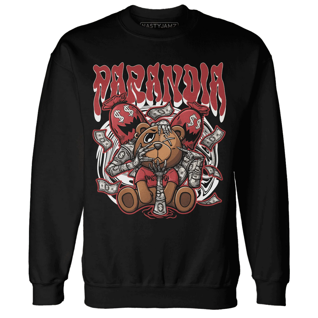 Black-Toe-Reimagined-Red-White-1s-NastyJamz-Sweatshirt-Match-Paranoia-Money-BER