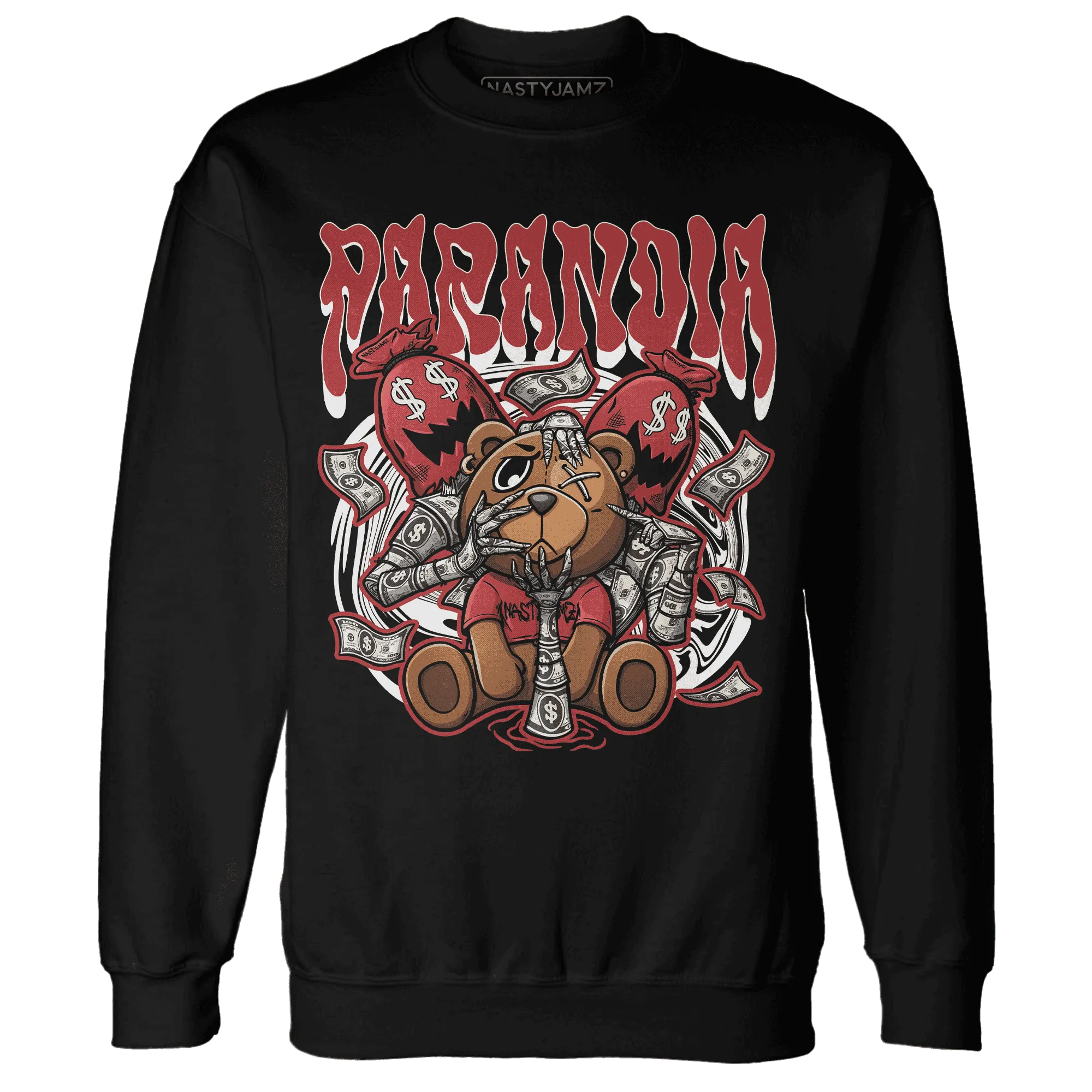 Black-Toe-Reimagined-Red-White-1s-NastyJamz-Sweatshirt-Match-Paranoia-Money-BER