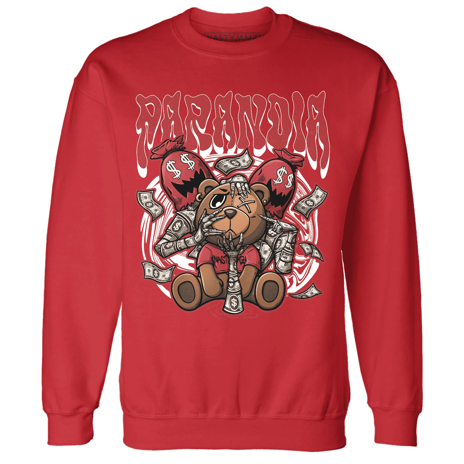 Black-Toe-Reimagined-Red-White-1s-NastyJamz-Sweatshirt-Match-Paranoia-Money-BER