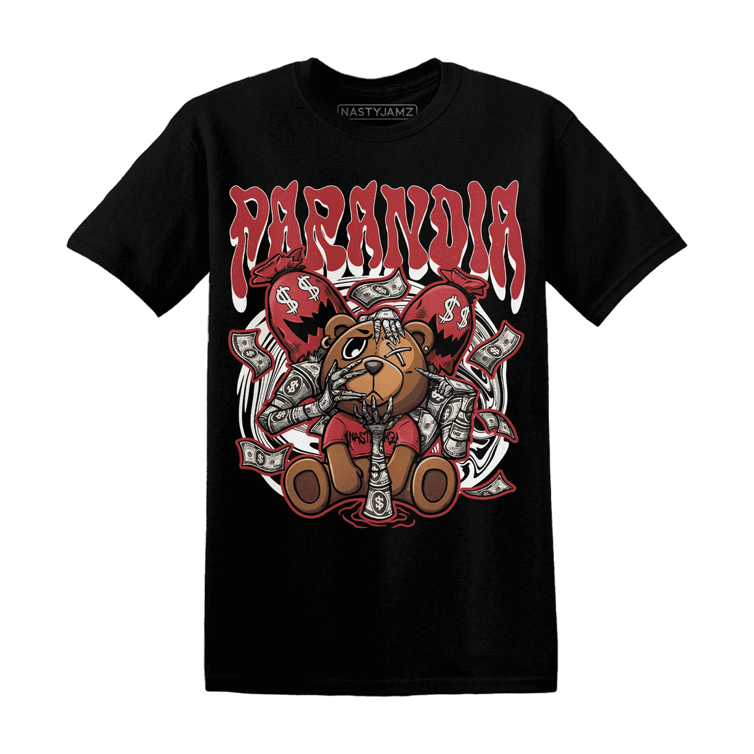 Black-Toe-Reimagined-Red-White-1s-NastyJamz-T-Shirt-Match-Paranoia-Money-BER