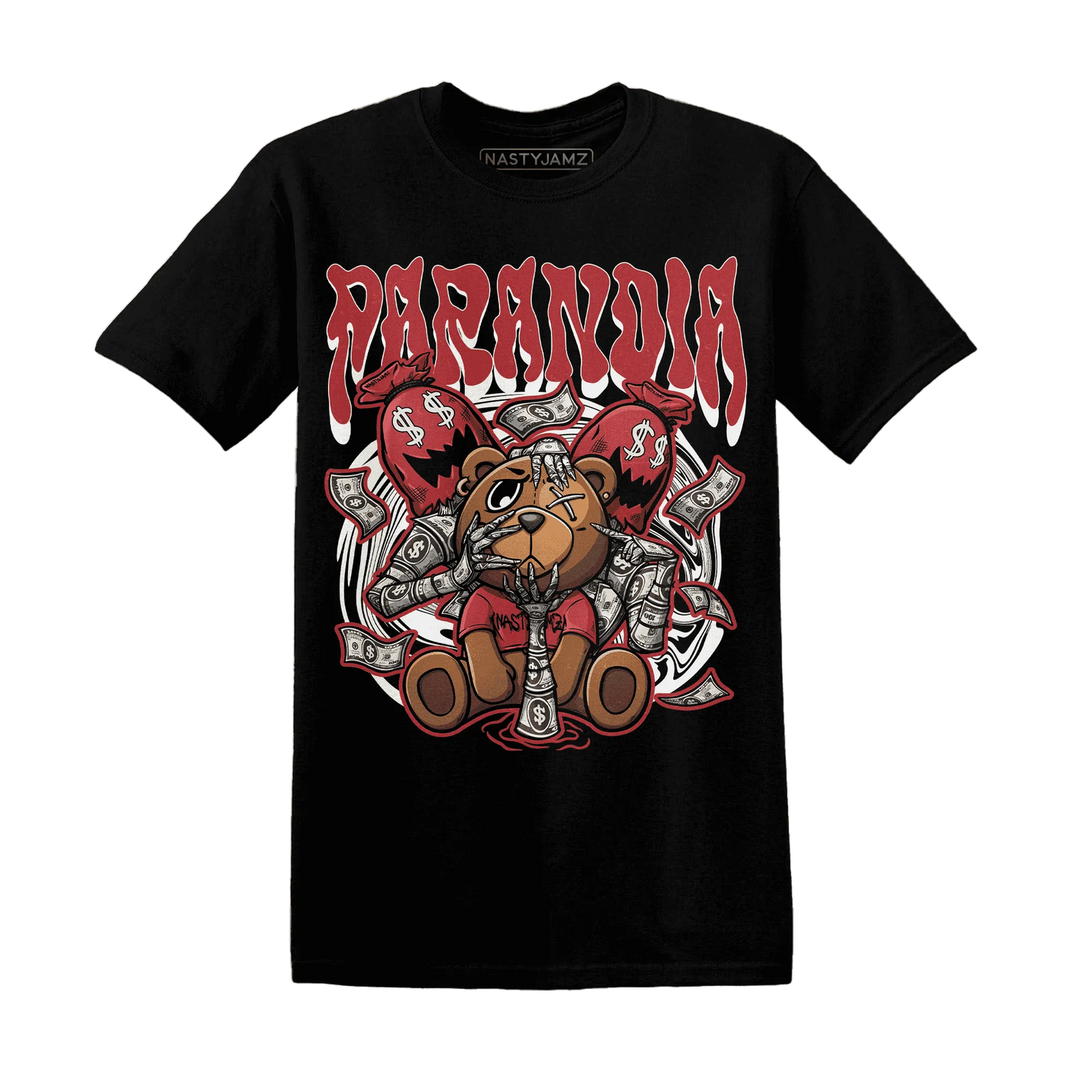 Black-Toe-Reimagined-Red-White-1s-NastyJamz-T-Shirt-Match-Paranoia-Money-BER