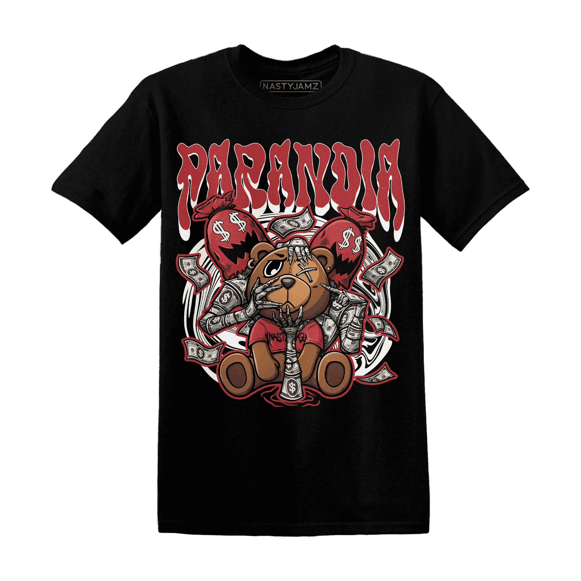 Black-Toe-Reimagined-Red-White-1s-NastyJamz-T-Shirt-Match-Paranoia-Money-BER