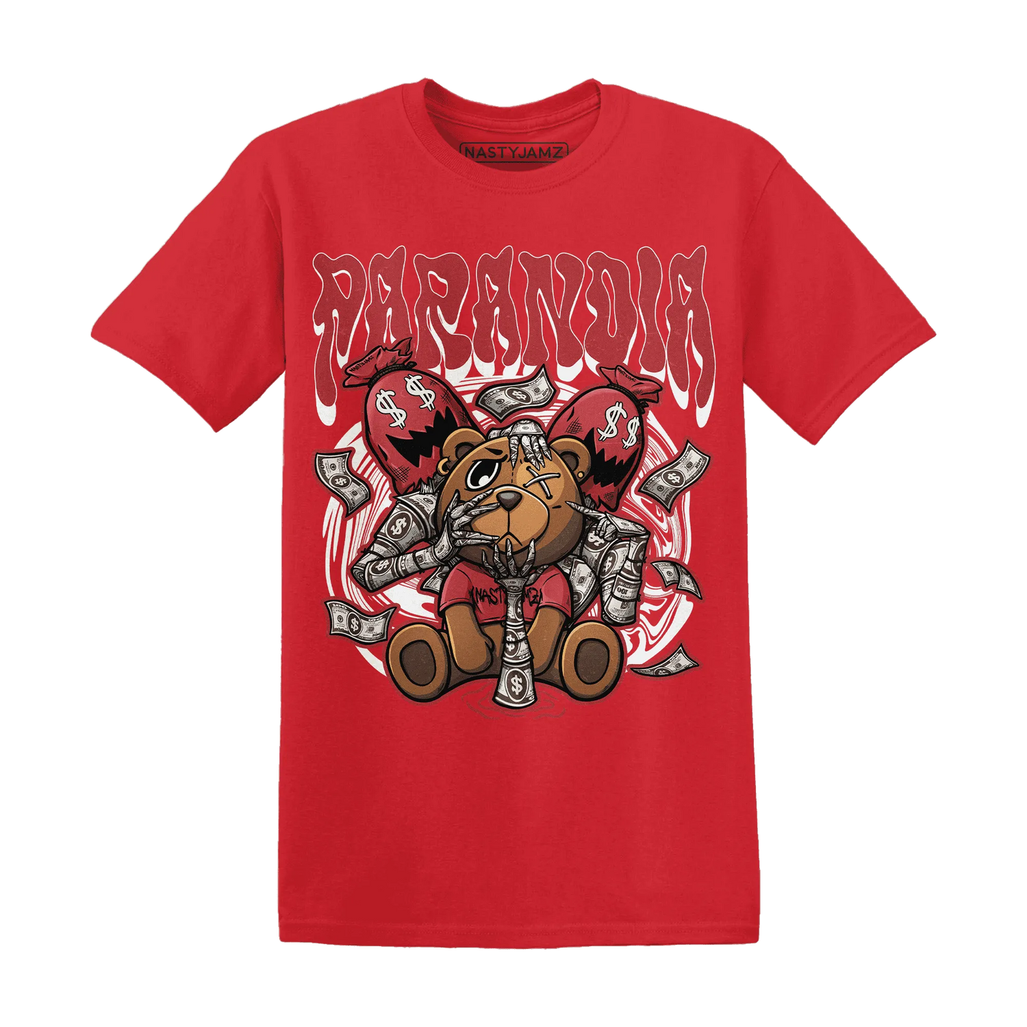 Black-Toe-Reimagined-Red-White-1s-NastyJamz-T-Shirt-Match-Paranoia-Money-BER