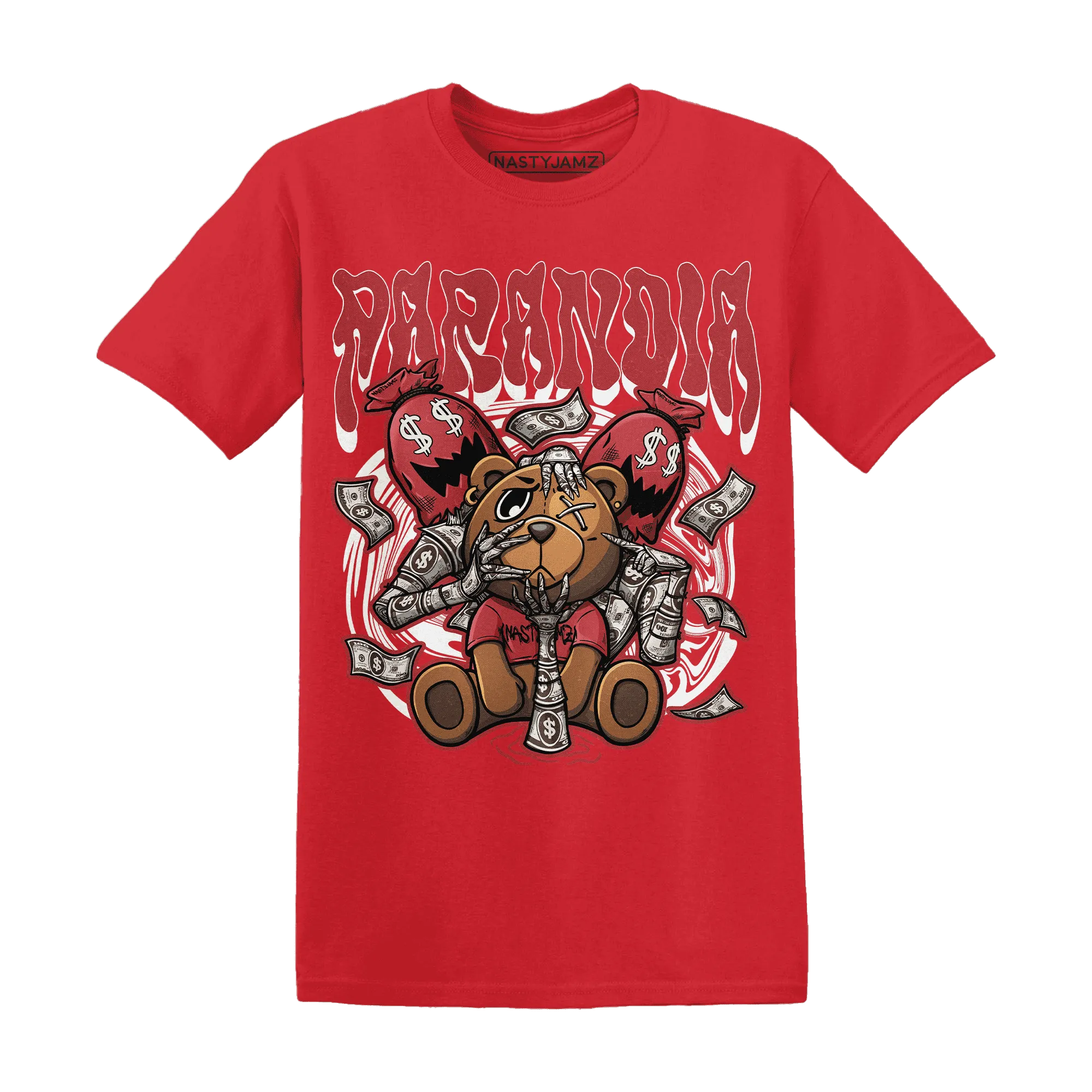 Black-Toe-Reimagined-Red-White-1s-NastyJamz-T-Shirt-Match-Paranoia-Money-BER