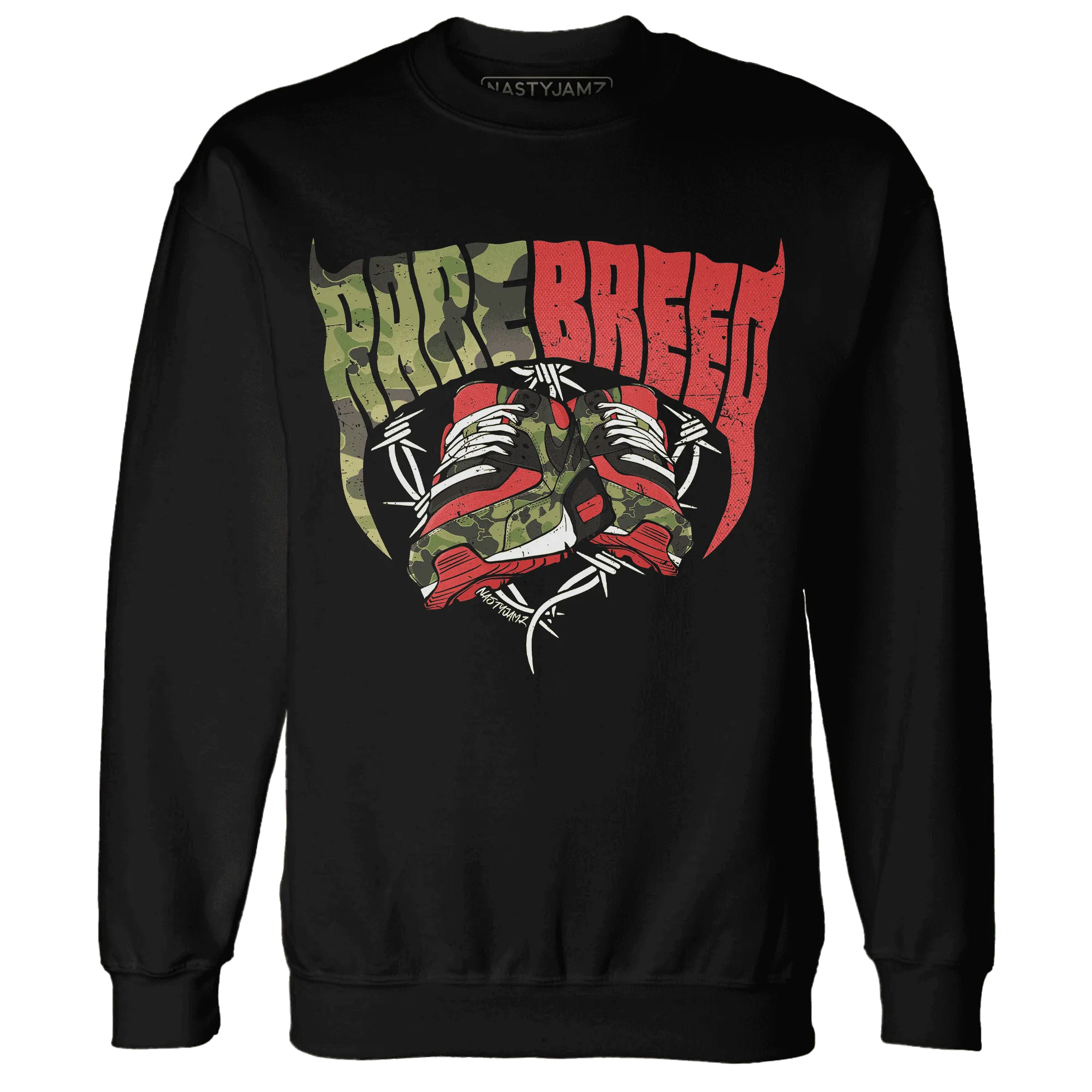 AM-90-Dark-Sage-Solar-Red-NastyJamz-Sweatshirt-Match-Rare-Breed-Sneaker
