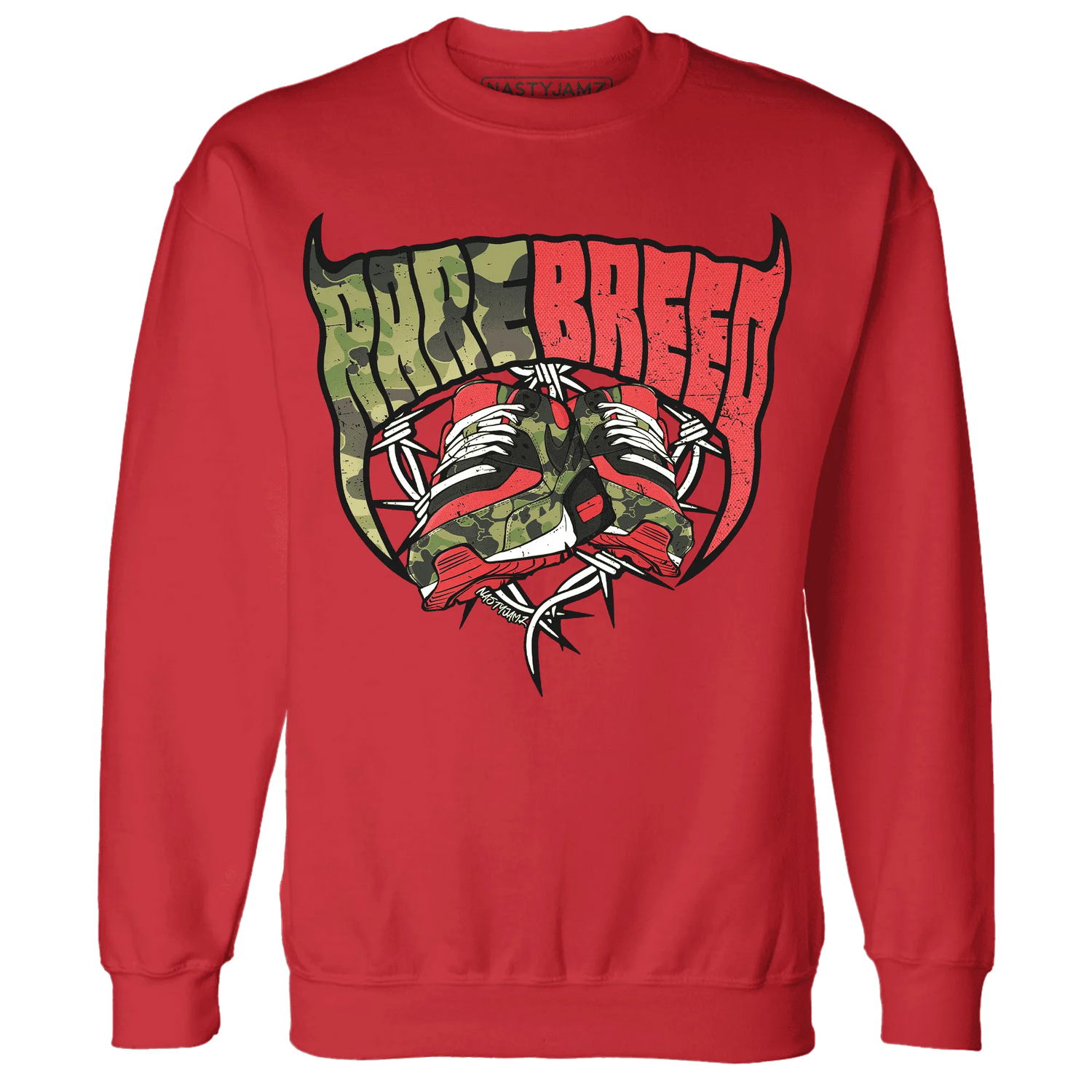 AM-90-Dark-Sage-Solar-Red-NastyJamz-Sweatshirt-Match-Rare-Breed-Sneaker