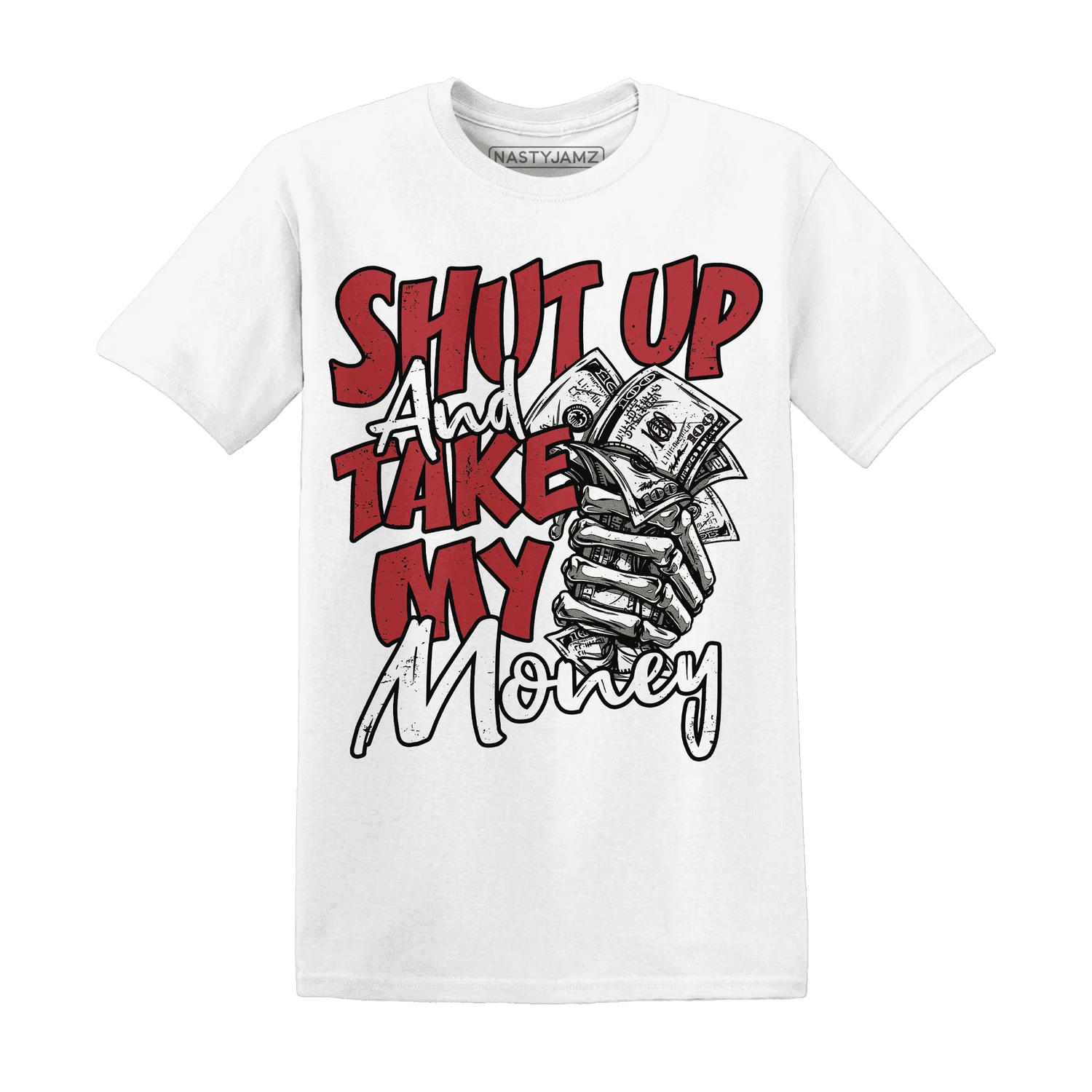 Black-Toe-Reimagined-Red-White-1s-NastyJamz-T-Shirt-Match-Shut-Up