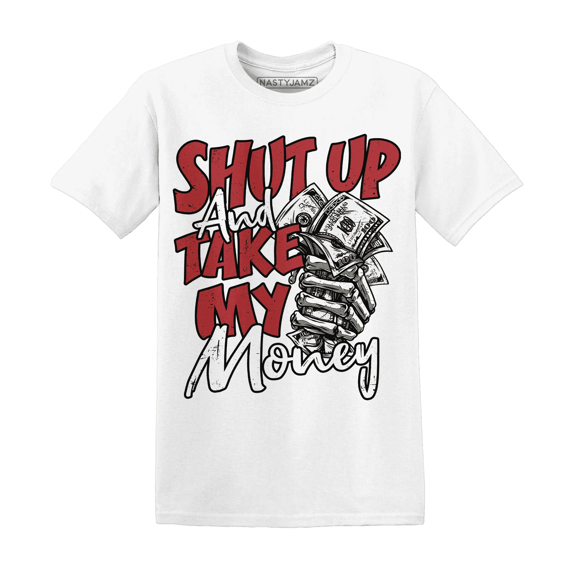 Black-Toe-Reimagined-Red-White-1s-NastyJamz-T-Shirt-Match-Shut-Up
