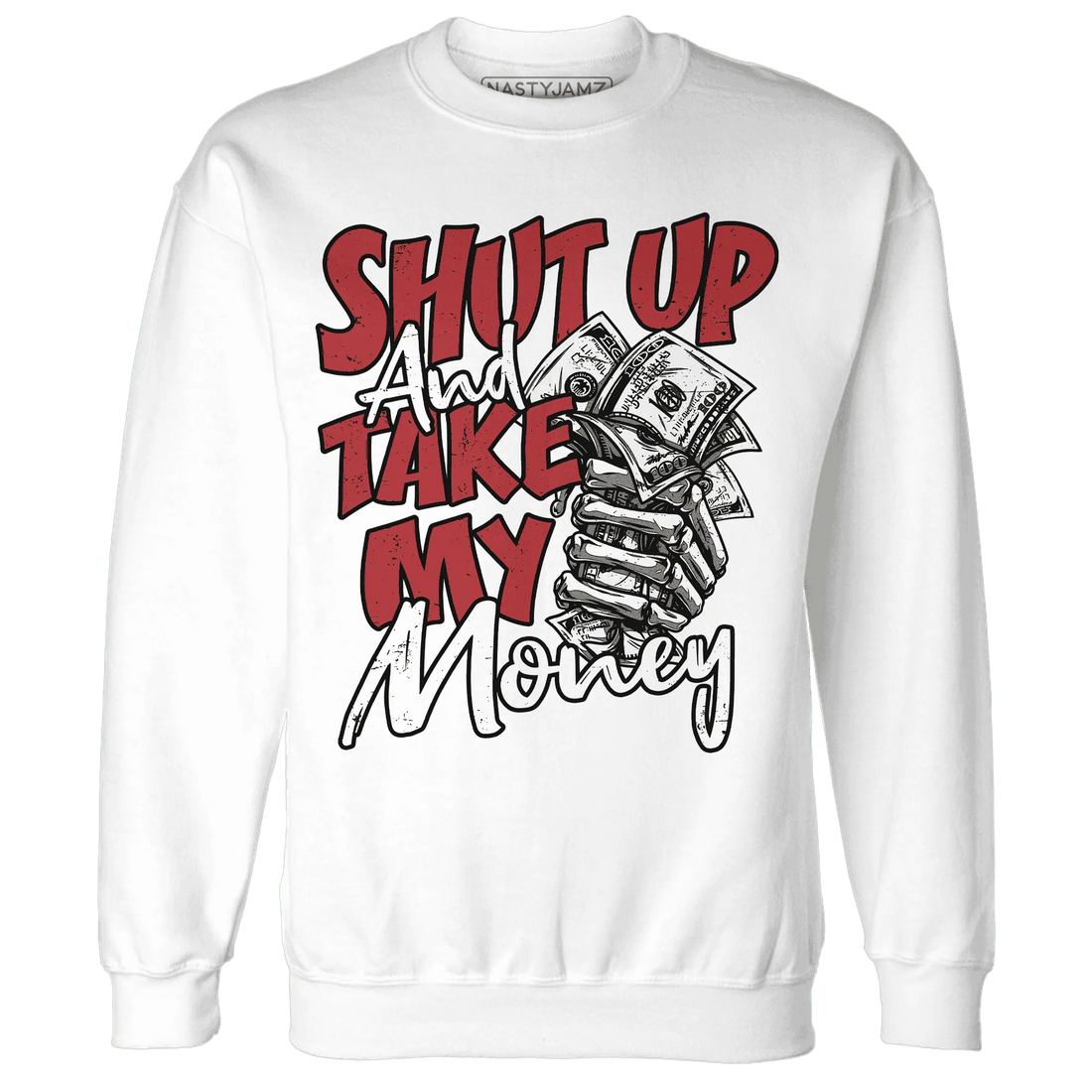 Black-Toe-Reimagined-Red-White-1s-NastyJamz-Sweatshirt-Match-Shut-Up
