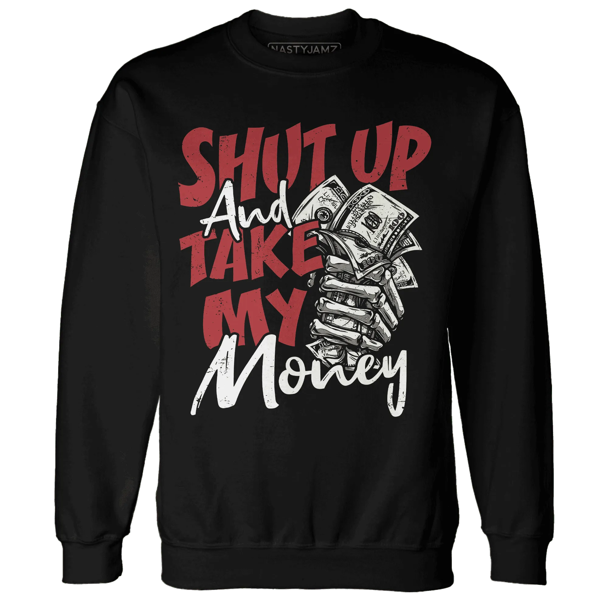 Black-Toe-Reimagined-Red-White-1s-NastyJamz-Sweatshirt-Match-Shut-Up