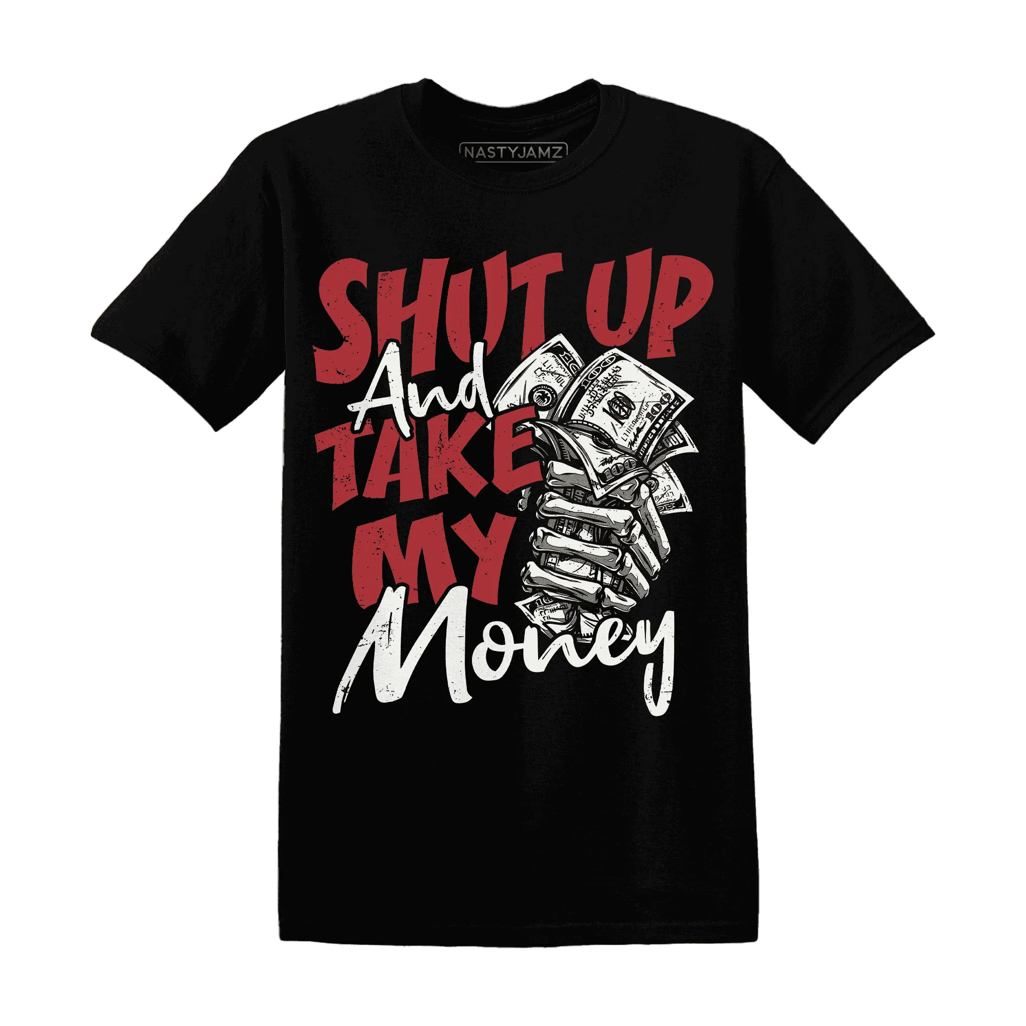Black-Toe-Reimagined-Red-White-1s-NastyJamz-T-Shirt-Match-Shut-Up
