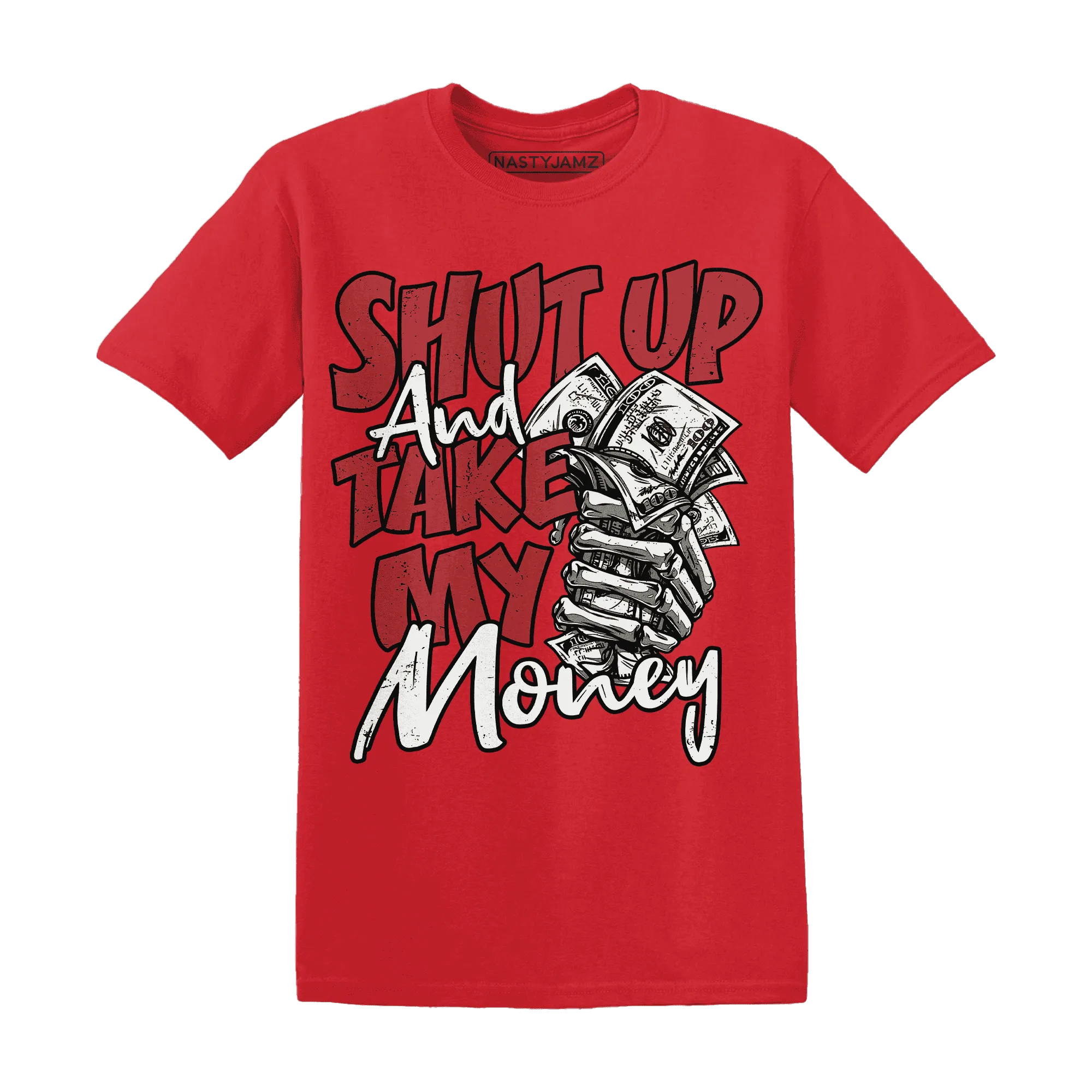 Black-Toe-Reimagined-Red-White-1s-NastyJamz-T-Shirt-Match-Shut-Up