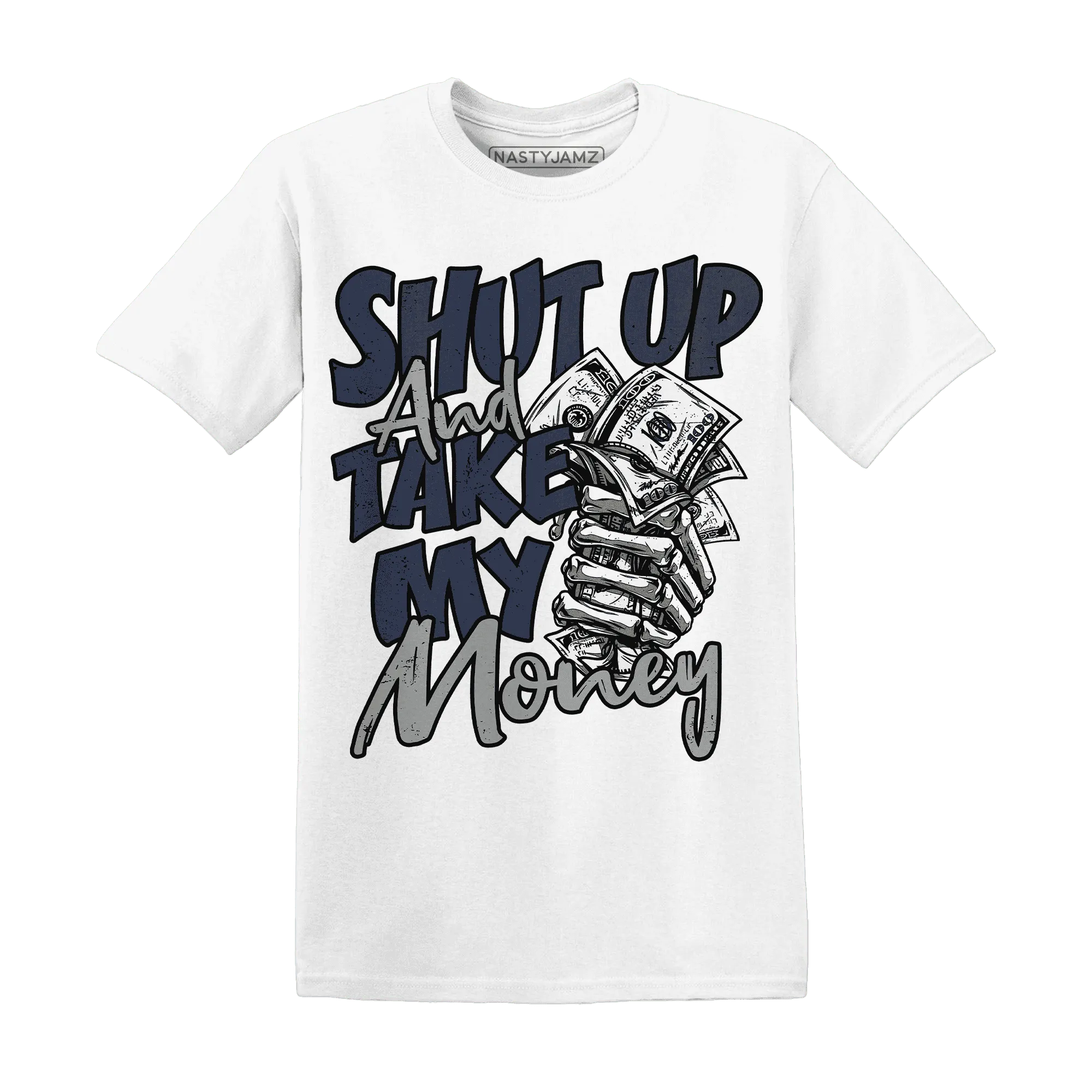 VaporMax-Plus-Midnight-Navy-White-Metallic-Silver-NastyJamz-T-Shirt-Match-Shut-Up