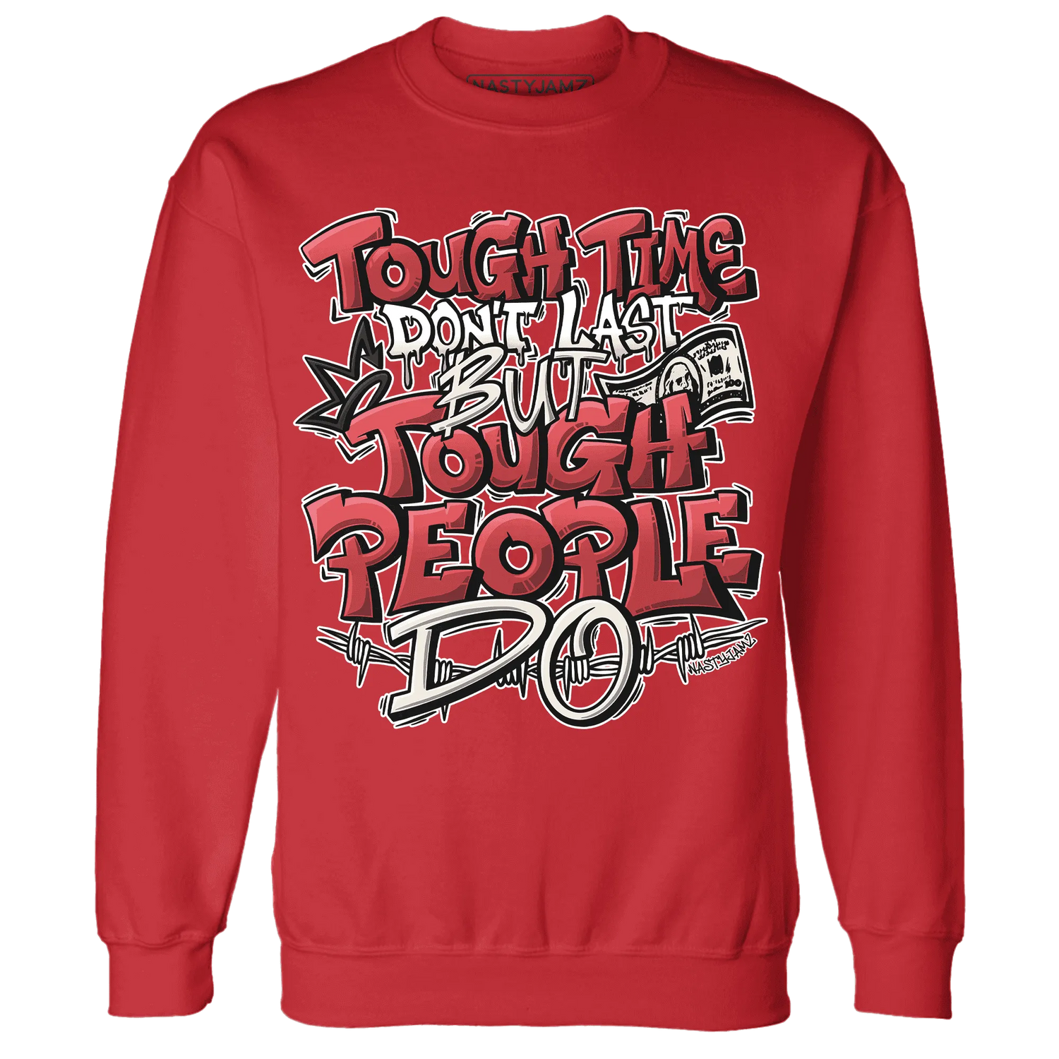 Black-Toe-Reimagined-Red-White-1s-NastyJamz-Sweatshirt-Match-Tough-People-Never-Fall