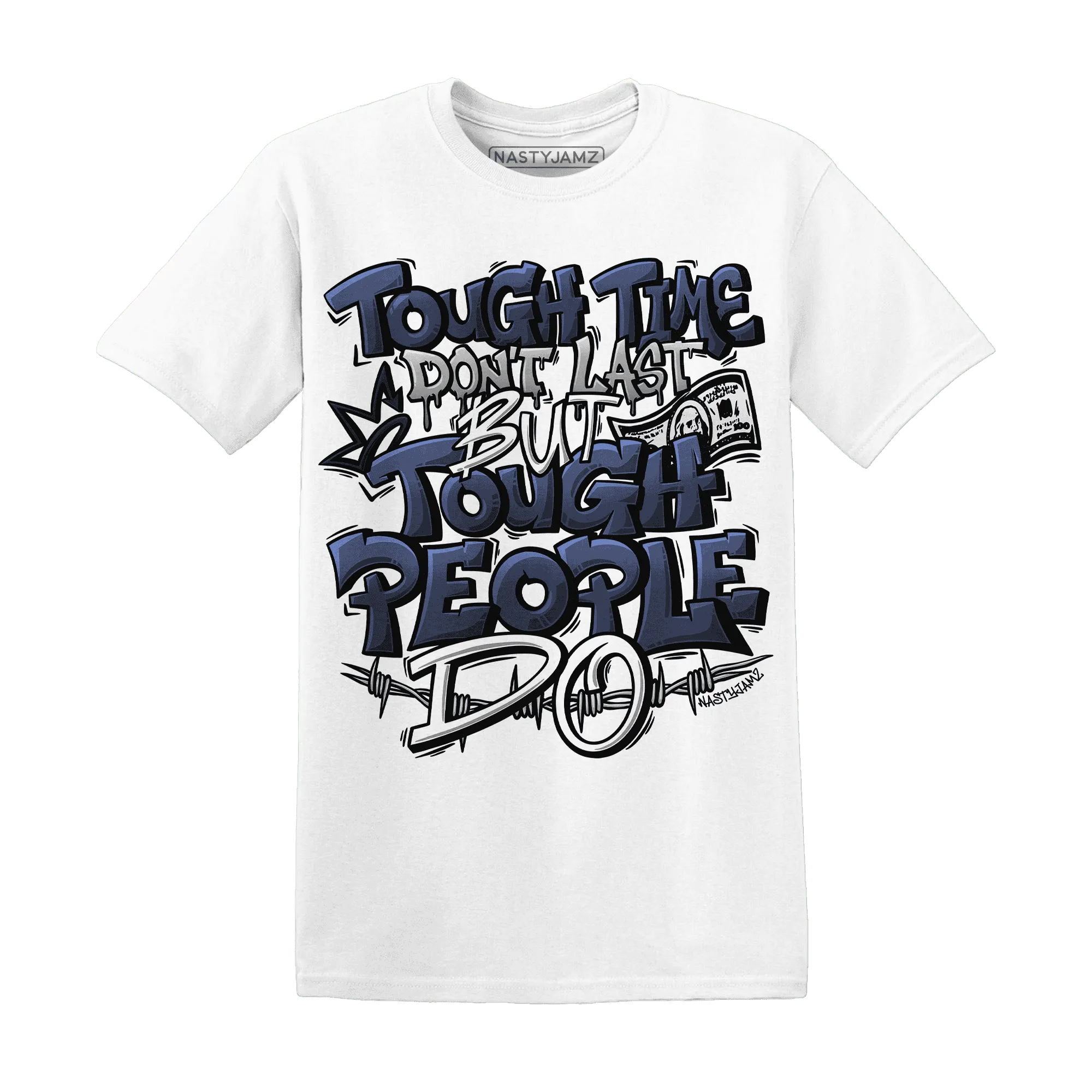 VaporMax-Plus-Midnight-Navy-White-Metallic-Silver-NastyJamz-T-Shirt-Match-Tough-People-Never-Fall