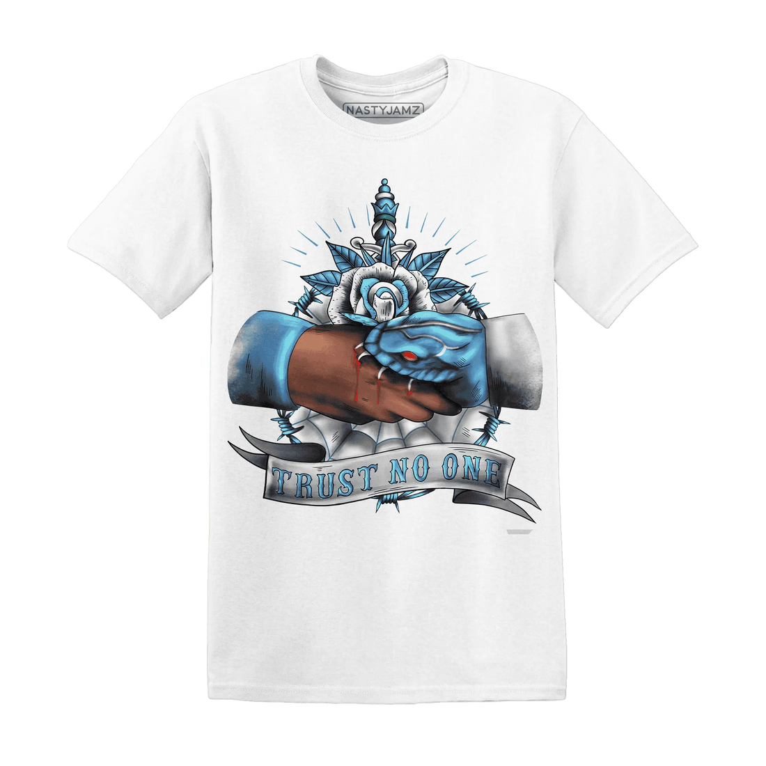 NastyJamz-Carolina-Blue-Univercitii-17s-T-Shirt-Match-Trust-No-One-Old-School