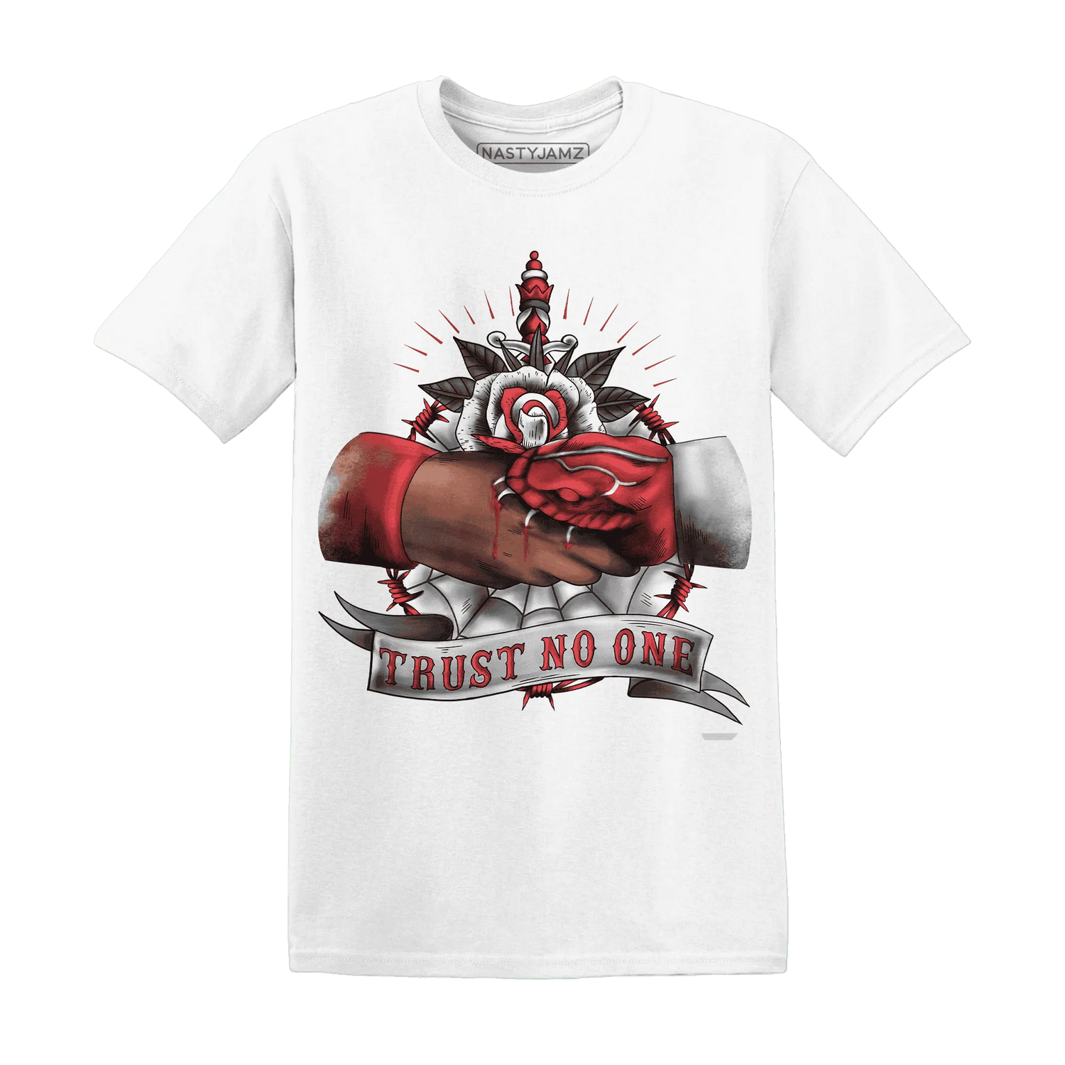 Black-Toe-Reimagined-Red-White-1s-NastyJamz-T-Shirt-Match-Trust-No-One-Old-School