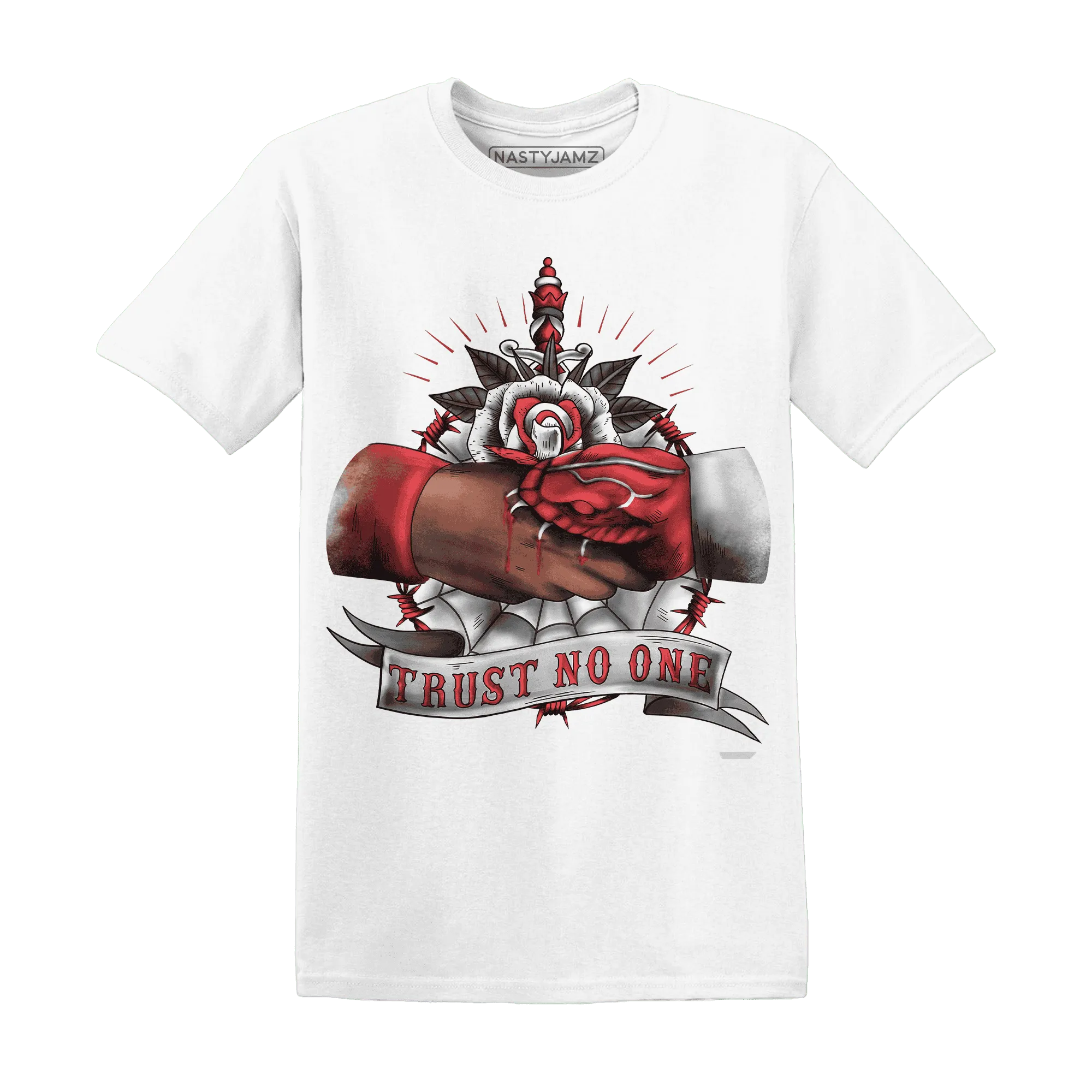 Black-Toe-Reimagined-Red-White-1s-NastyJamz-T-Shirt-Match-Trust-No-One-Old-School