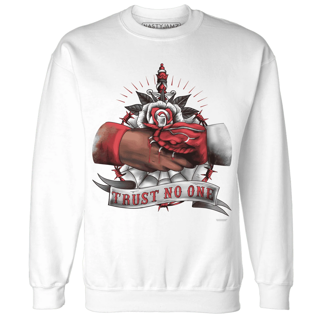 Black-Toe-Reimagined-Red-White-1s-NastyJamz-Sweatshirt-Match-Trust-No-One-Old-School