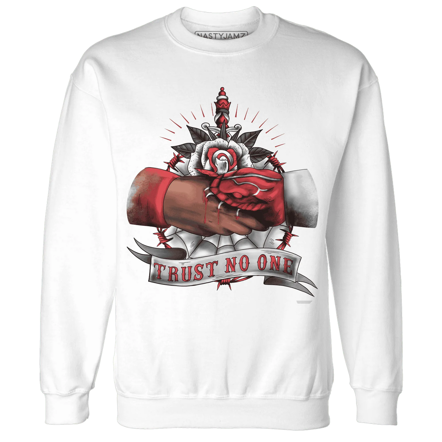 Black-Toe-Reimagined-Red-White-1s-NastyJamz-Sweatshirt-Match-Trust-No-One-Old-School